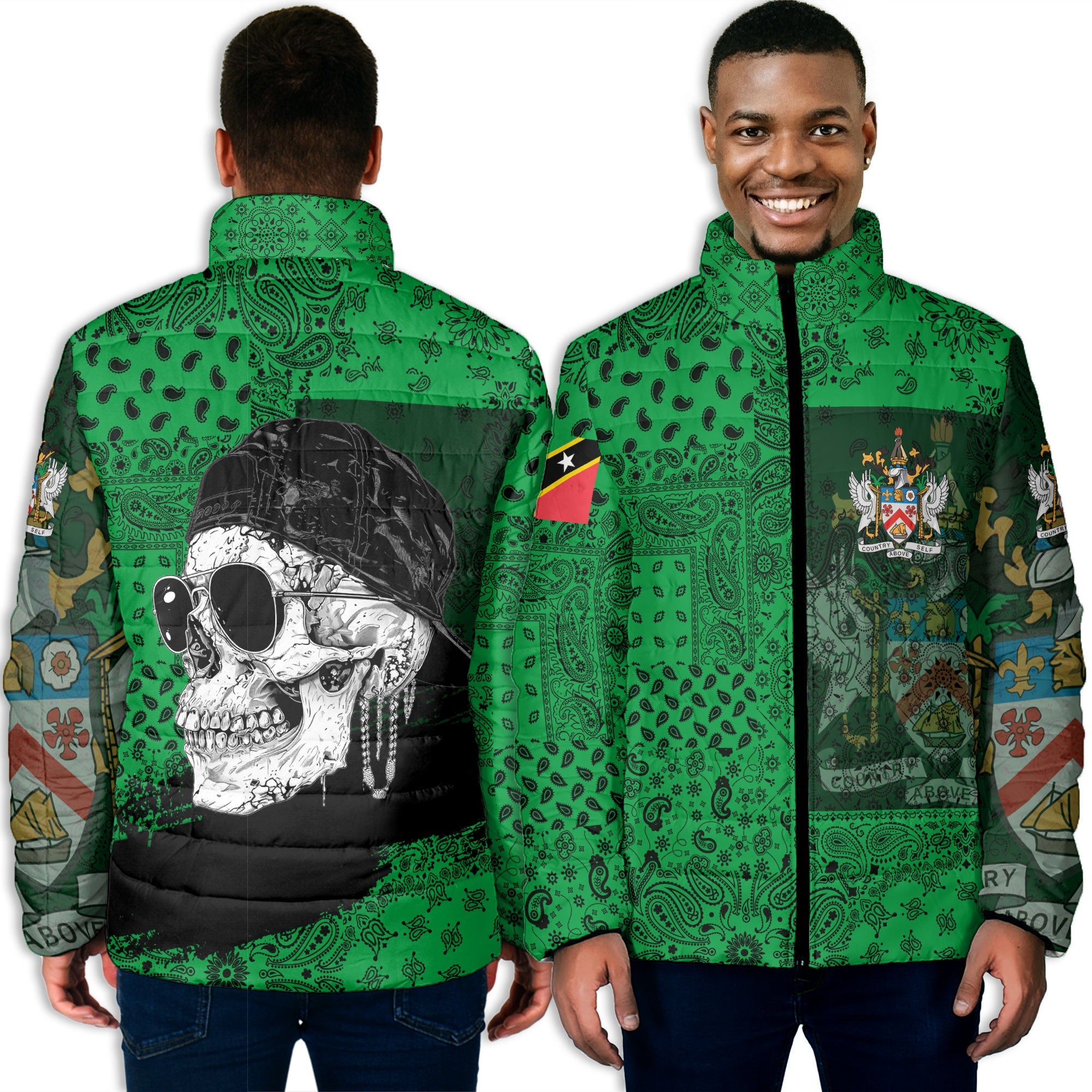 Saint Kitts And Nevis Men Padded Jacket Paisley Flag And Skull Style 3