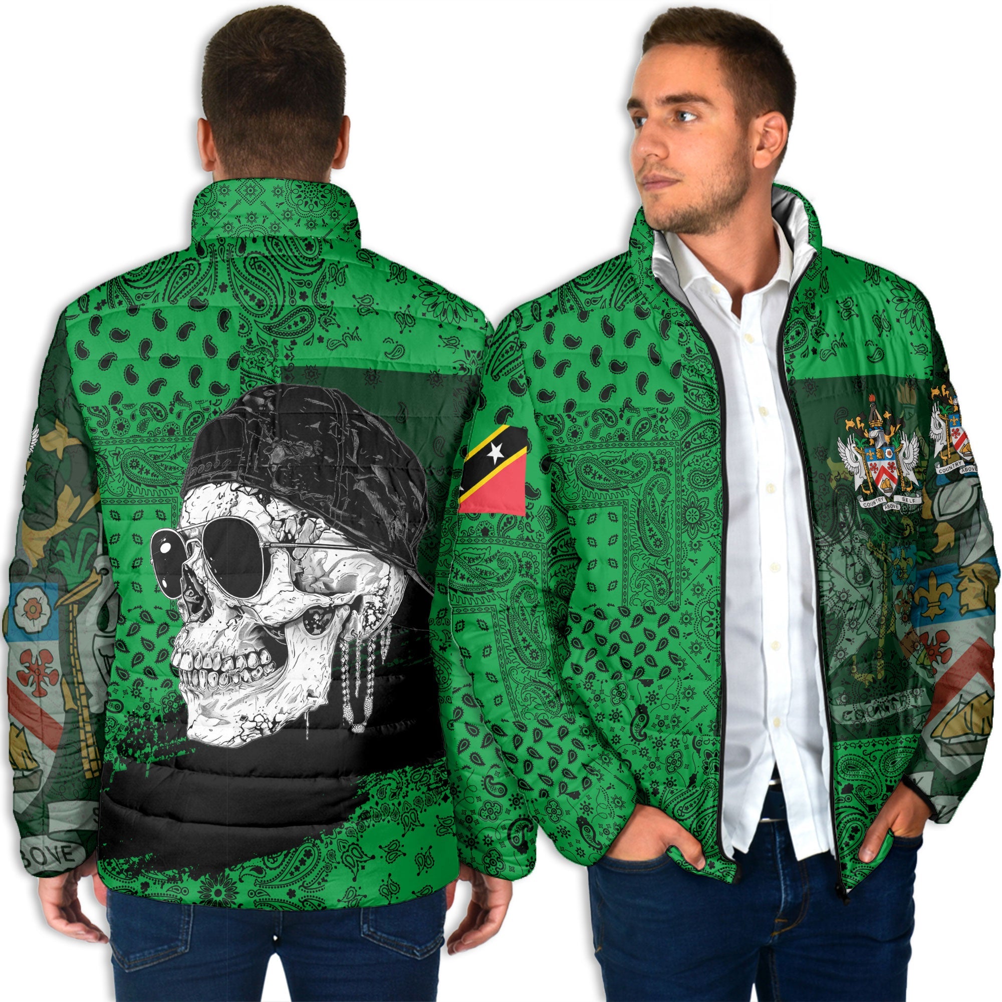 Saint Kitts And Nevis Men Padded Jacket Paisley Flag And Skull Style 4