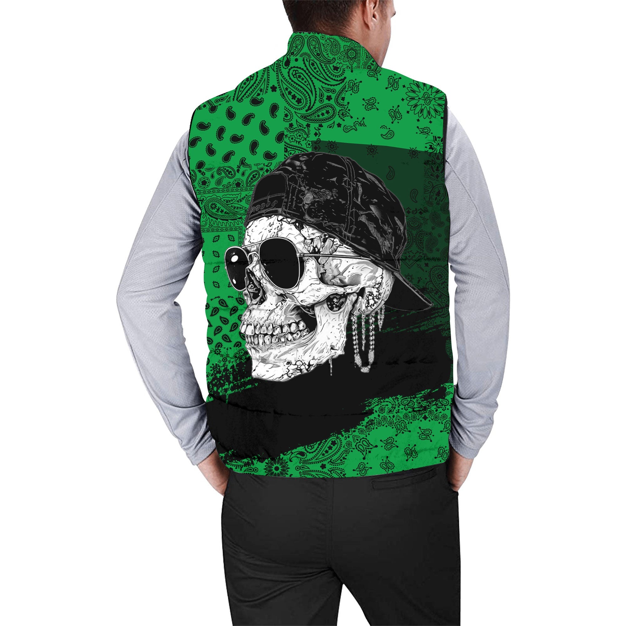 Saint Kitts And Nevis Men Padded Jacket Vest Paisley Flag And Skull Style 2