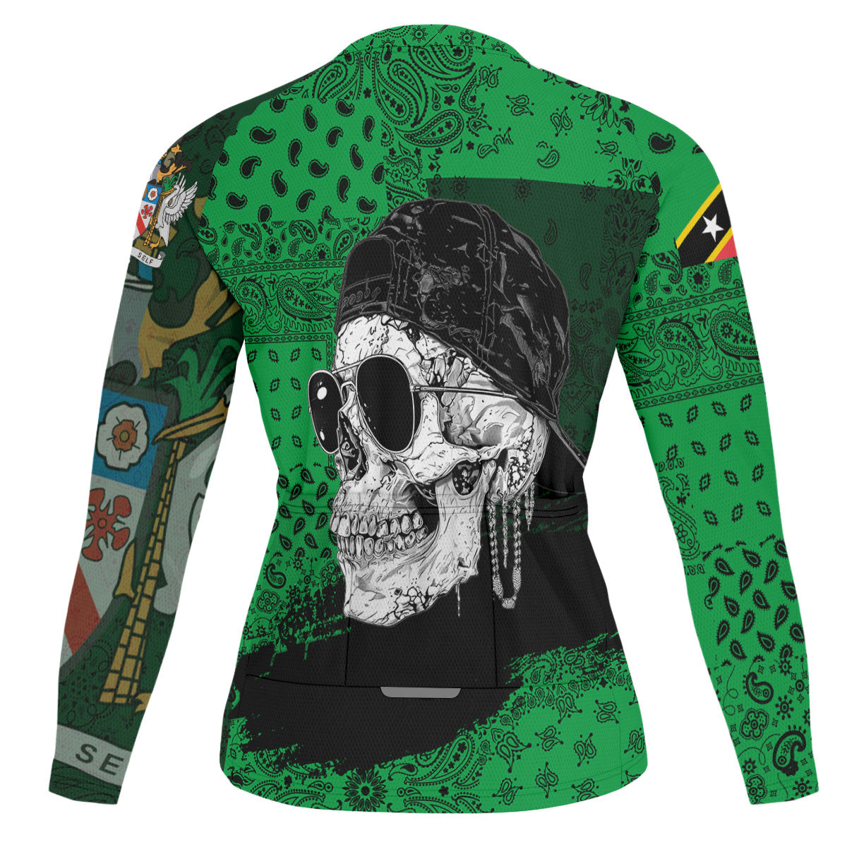 Saint Kitts And Nevis Raglan Men Cycling Jersey Long Sleeve Paisley Flag And Skull Style 2