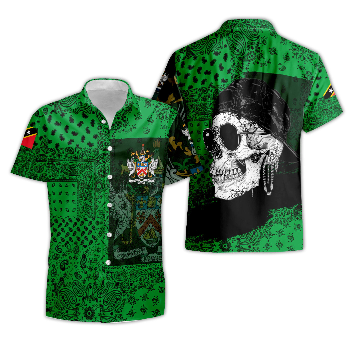 Saint Kitts And Nevis Short Sleeve Shirt Paisley Flag And Skull Style 3