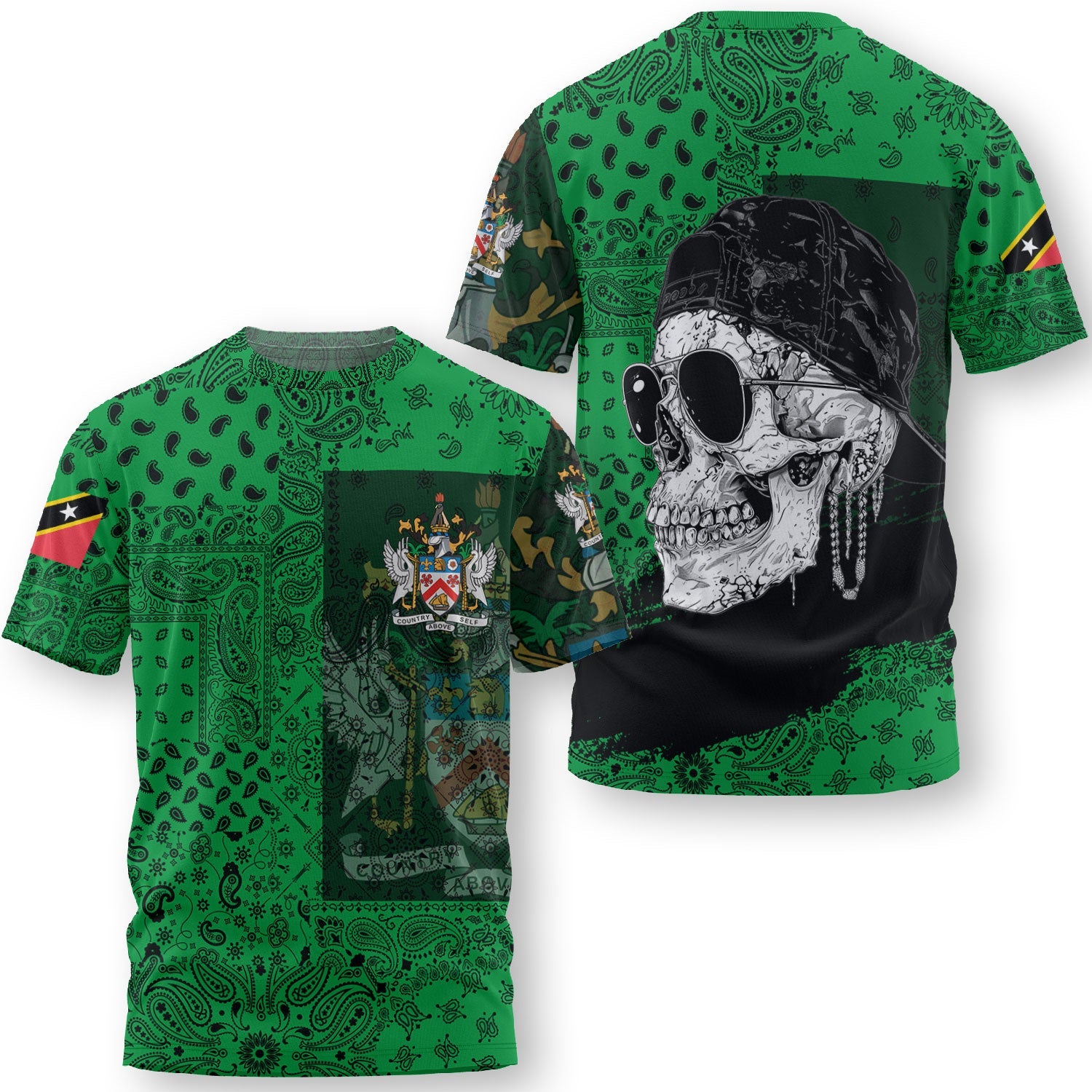 Saint Kitts And Nevis T Shirt Paisley Flag And Skull Style 3