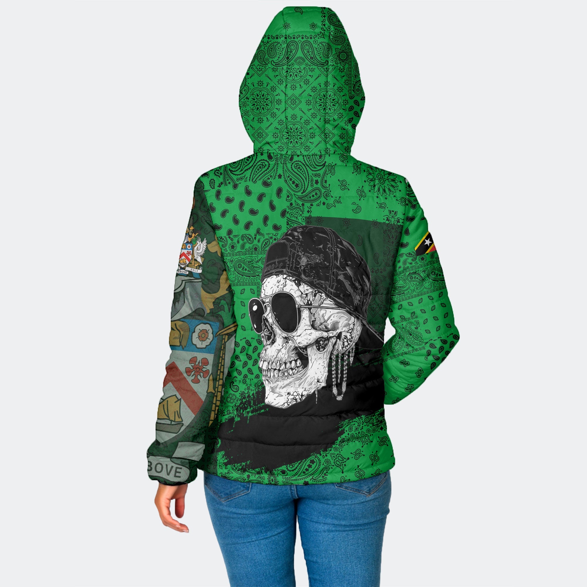 Saint Kitts And Nevis Women Hooded Padded Jacket Paisley Flag And Skull Style 2