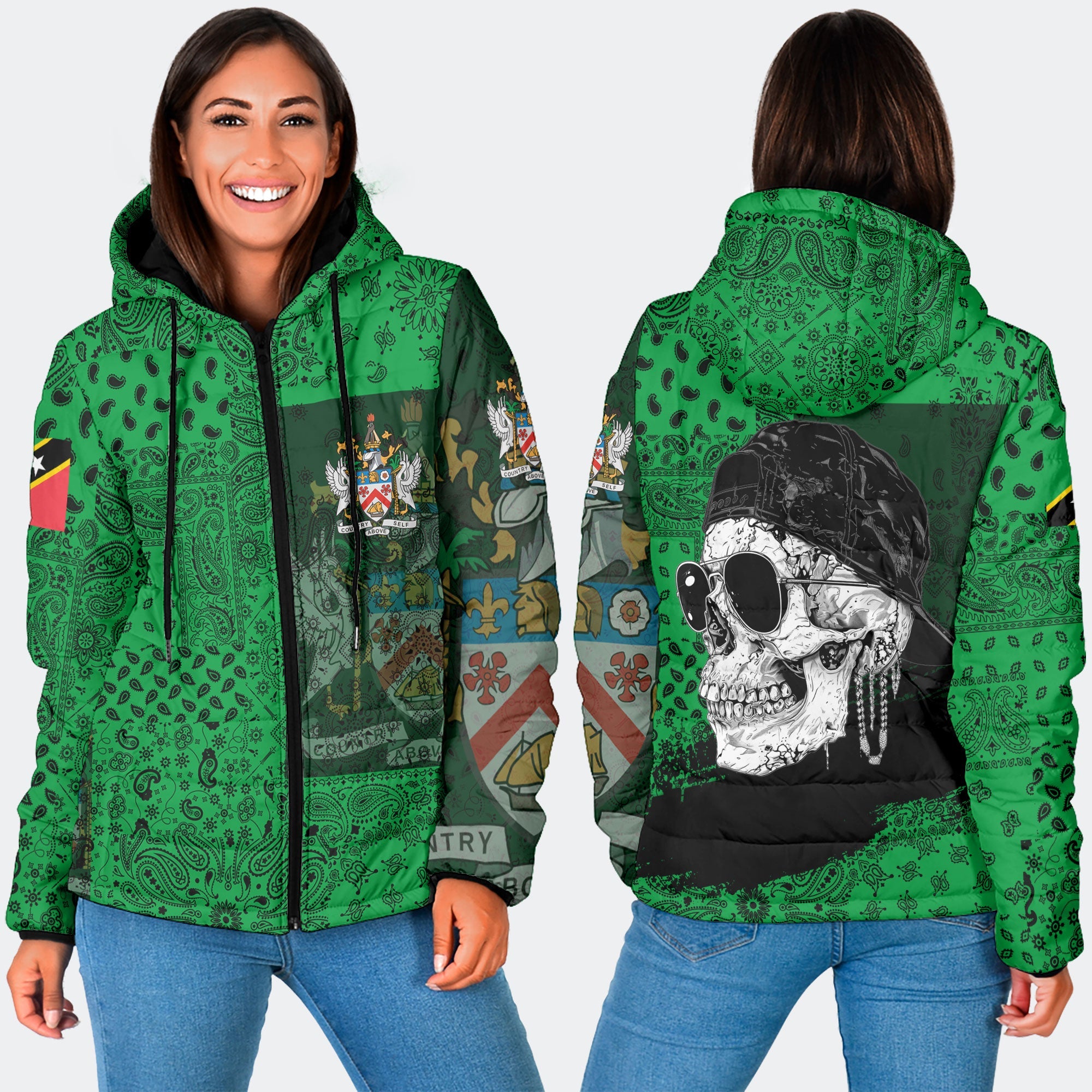 Saint Kitts And Nevis Women Hooded Padded Jacket Paisley Flag And Skull Style 3