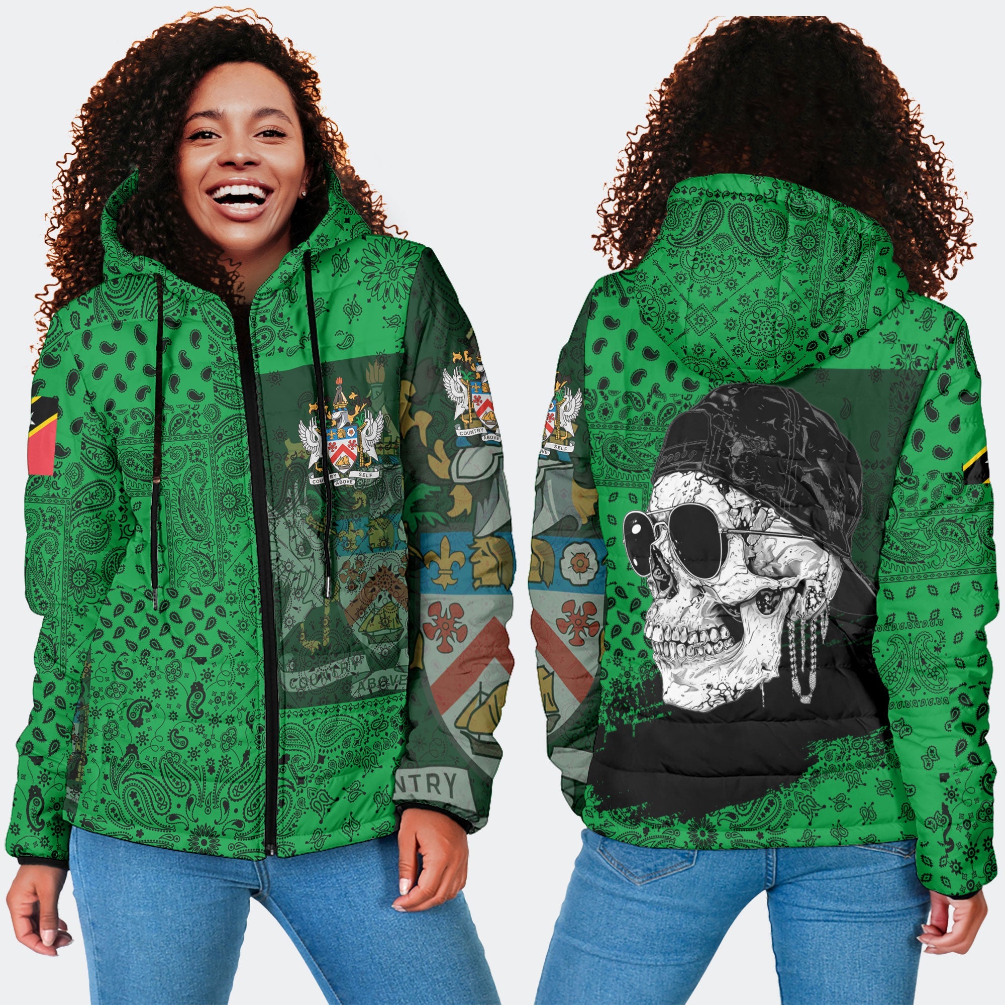 Saint Kitts And Nevis Women Hooded Padded Jacket Paisley Flag And Skull Style 4