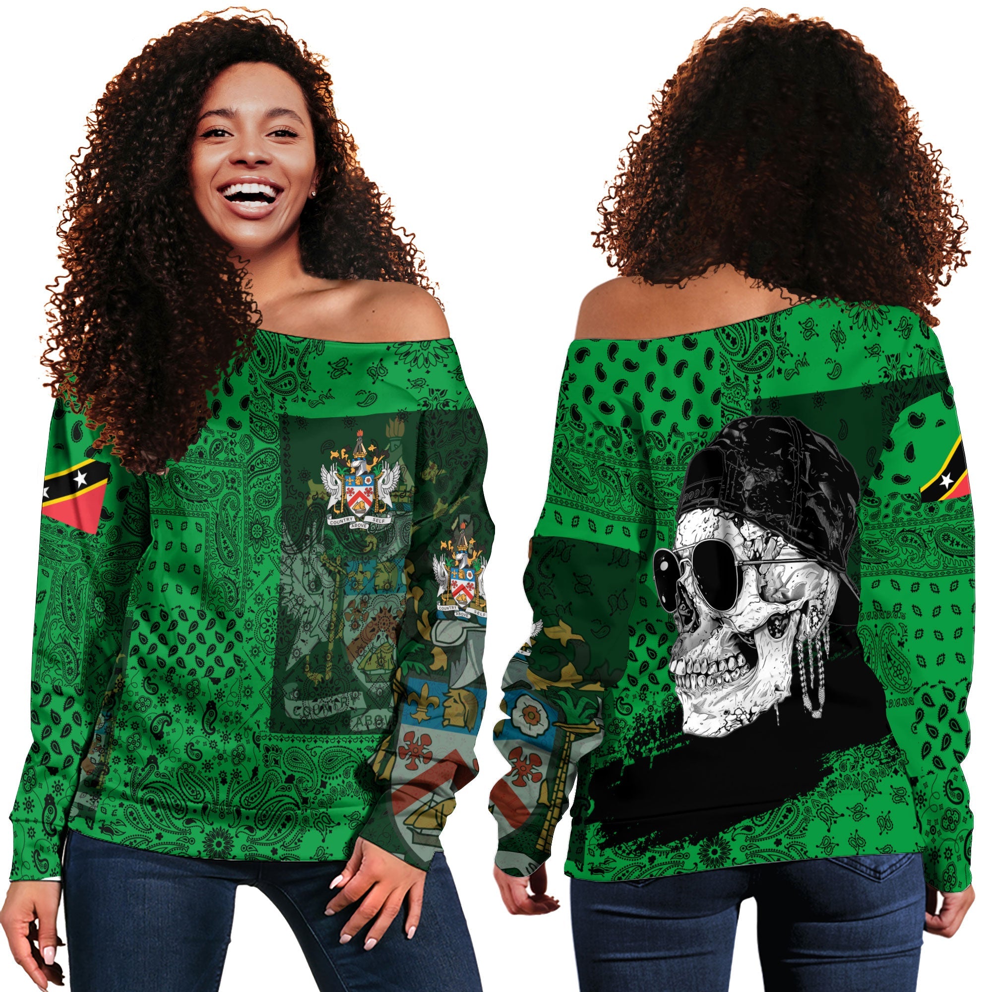 Saint Kitts And Nevis Women Off Shoulder Sweatshirt Paisley Flag And Skull Style 1