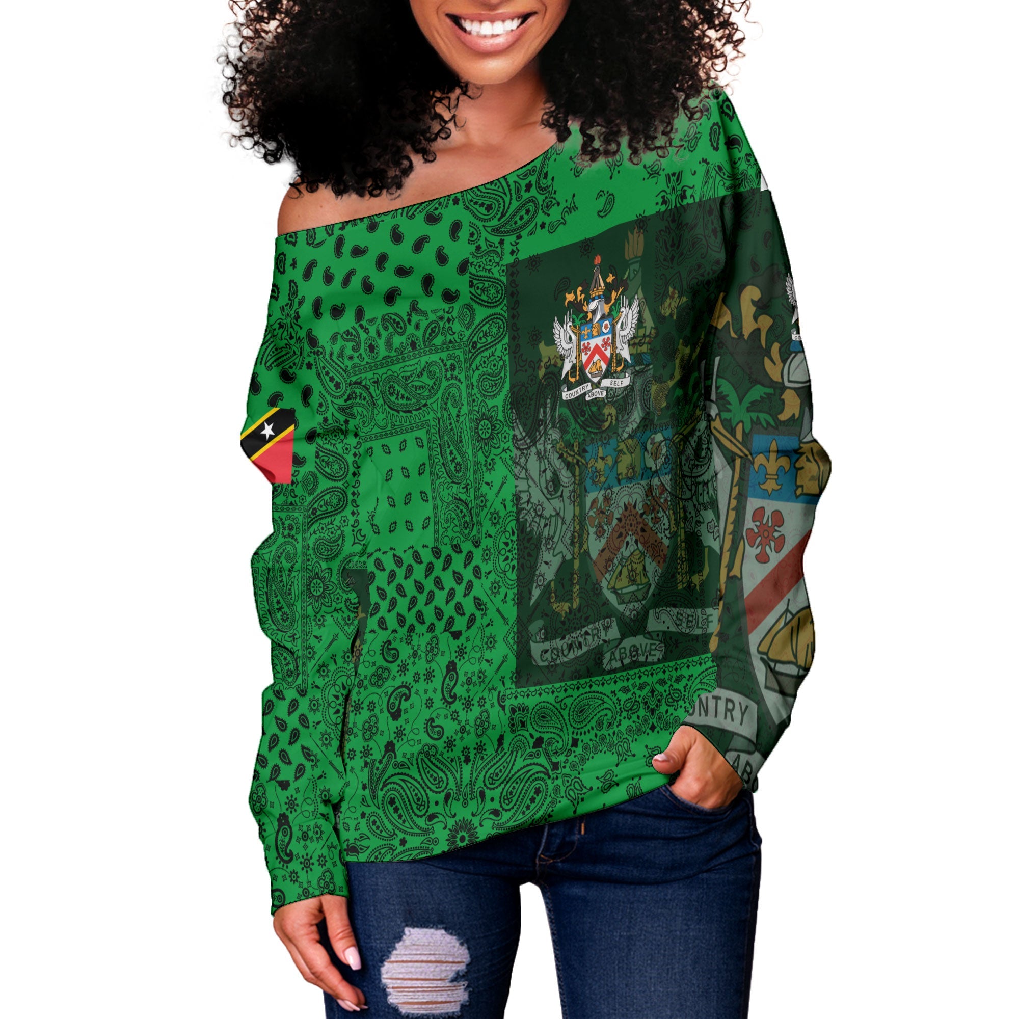 Saint Kitts And Nevis Women Off Shoulder Sweatshirt Paisley Flag And Skull Style 2