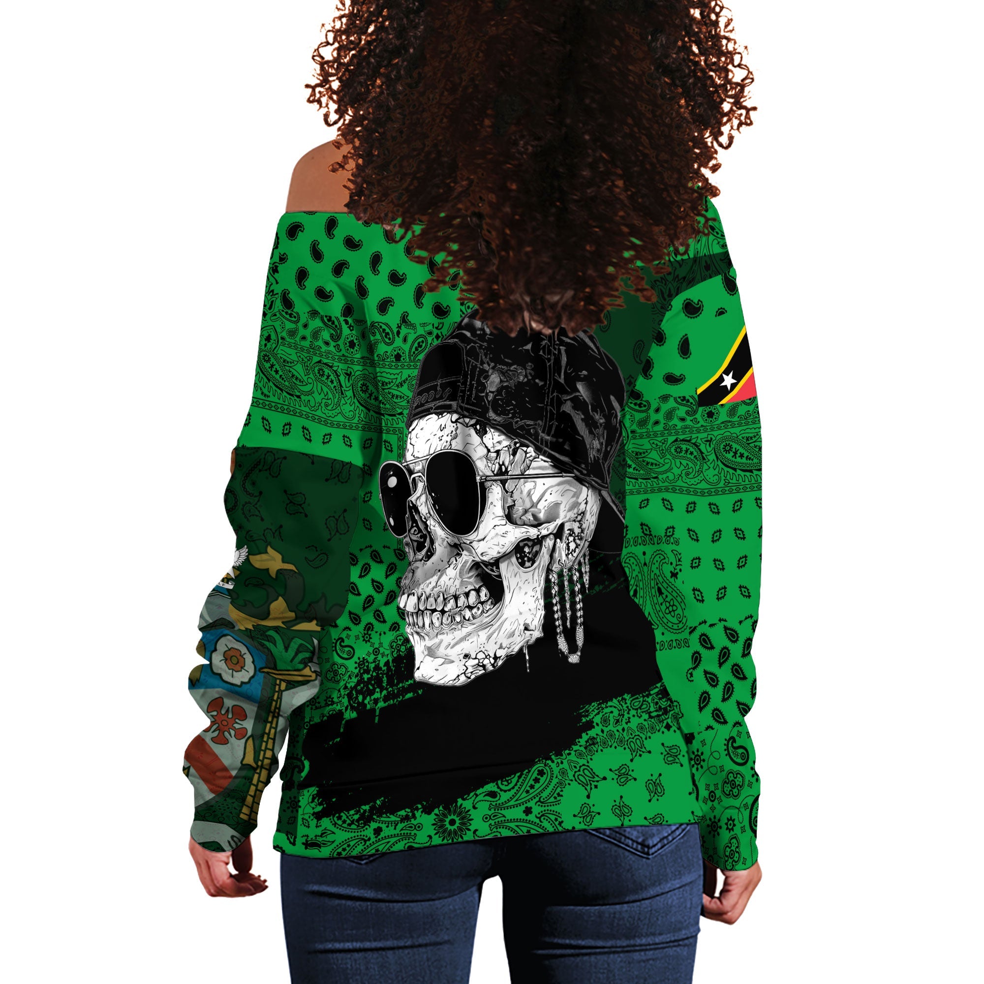 Saint Kitts And Nevis Women Off Shoulder Sweatshirt Paisley Flag And Skull Style 3