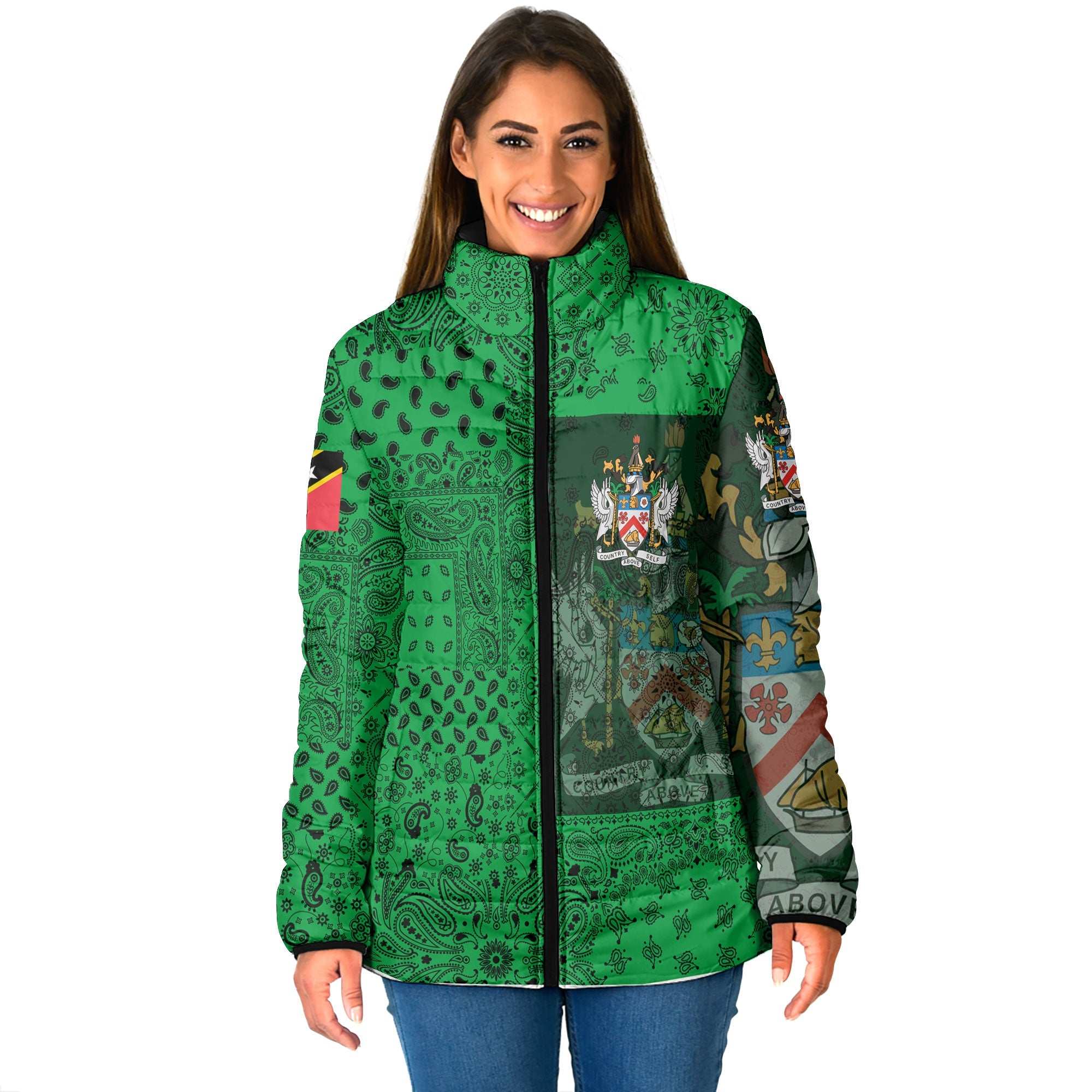 Saint Kitts And Nevis Women Padded Jacket Paisley Flag And Skull Style 1