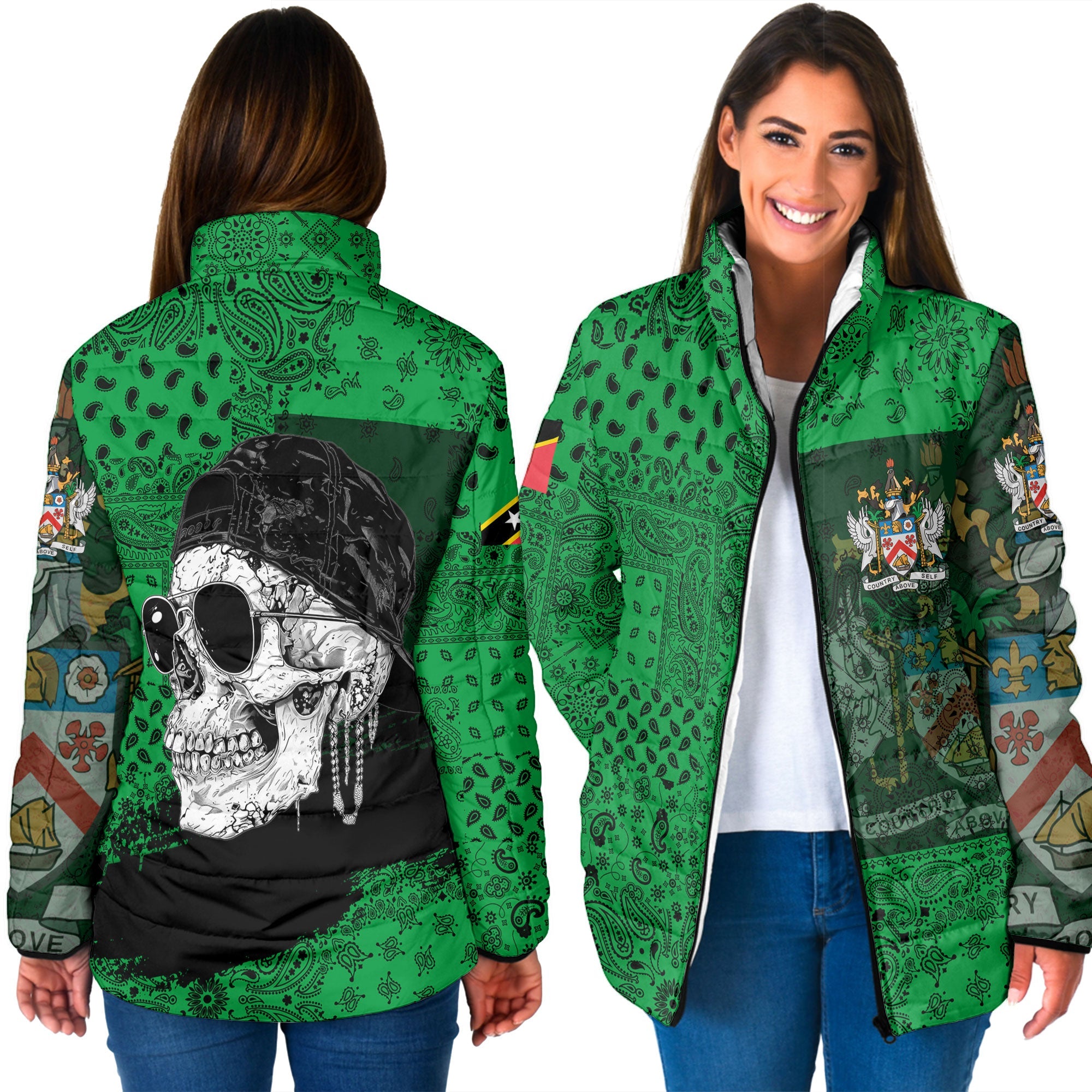 Saint Kitts And Nevis Women Padded Jacket Paisley Flag And Skull Style 3