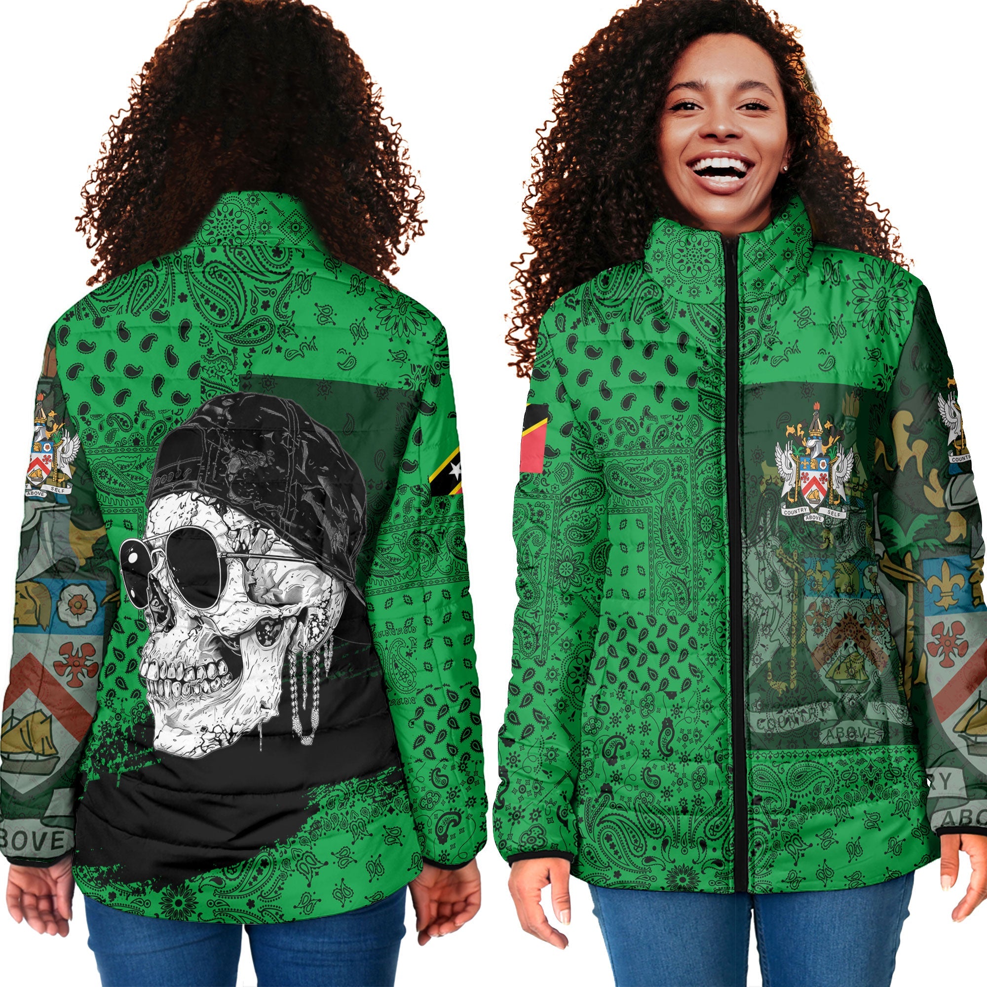 Saint Kitts And Nevis Women Padded Jacket Paisley Flag And Skull Style 4