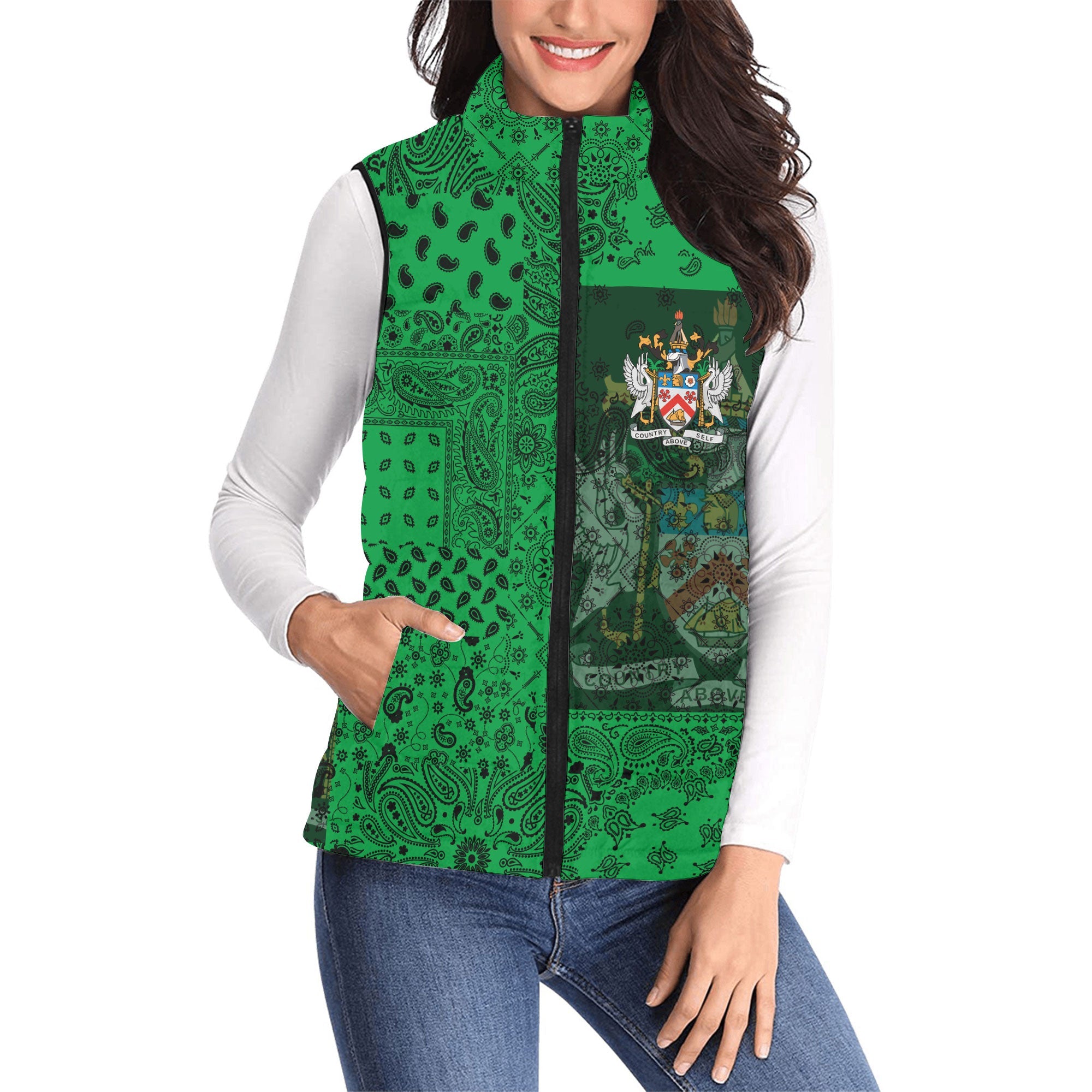 Saint Kitts And Nevis Women Padded Jacket Vest Paisley Flag And Skull Style 1