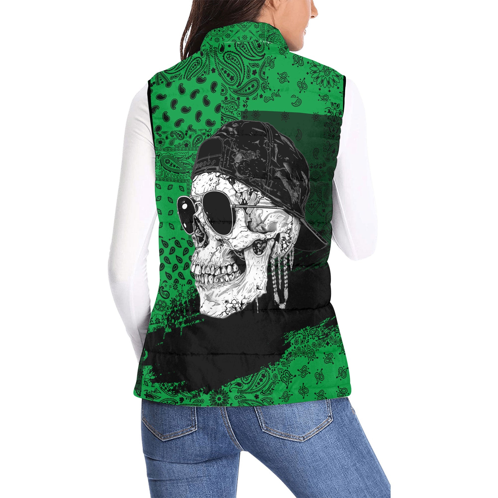 Saint Kitts And Nevis Women Padded Jacket Vest Paisley Flag And Skull Style 2