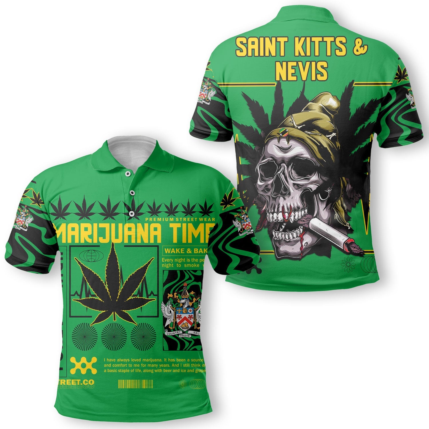 Saint Kitts and Nevis Polo Shirt Flag & Coat Of Arms Marijuanas Style