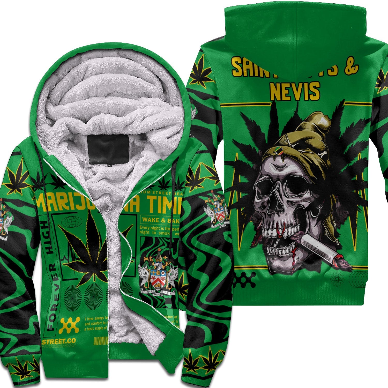 Saint Kitts and Nevis Sherpa Hoodie Flag & Coat Of Arms Marijuanas Style