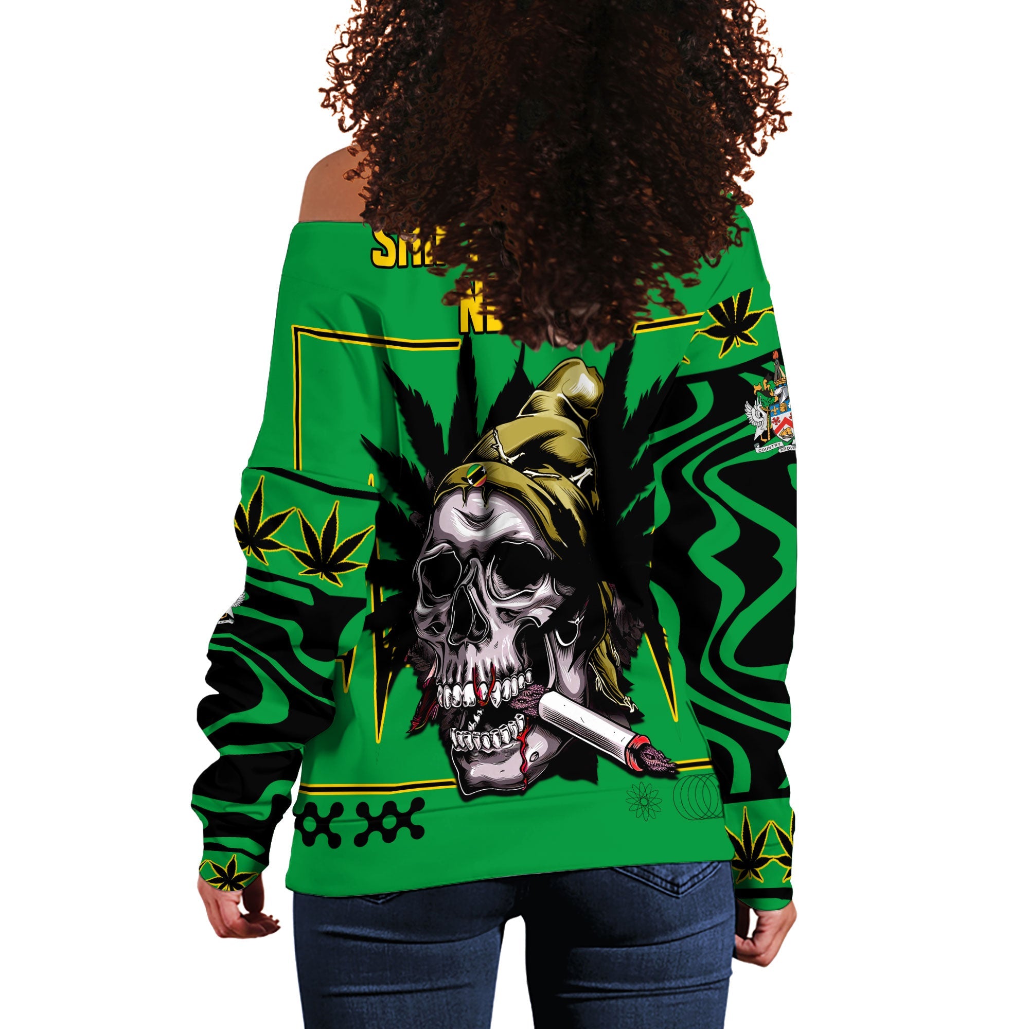 Saint Kitts and Nevis Women Off Shoulder Sweatshirt Flag & Coat Of Arms Marijuanas Style