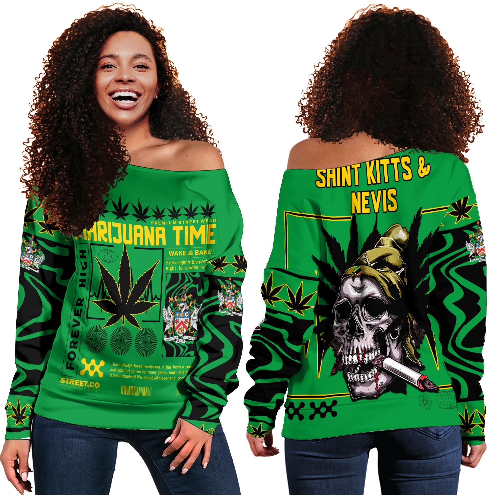 Saint Kitts and Nevis Women Off Shoulder Sweatshirt Flag & Coat Of Arms Marijuanas Style