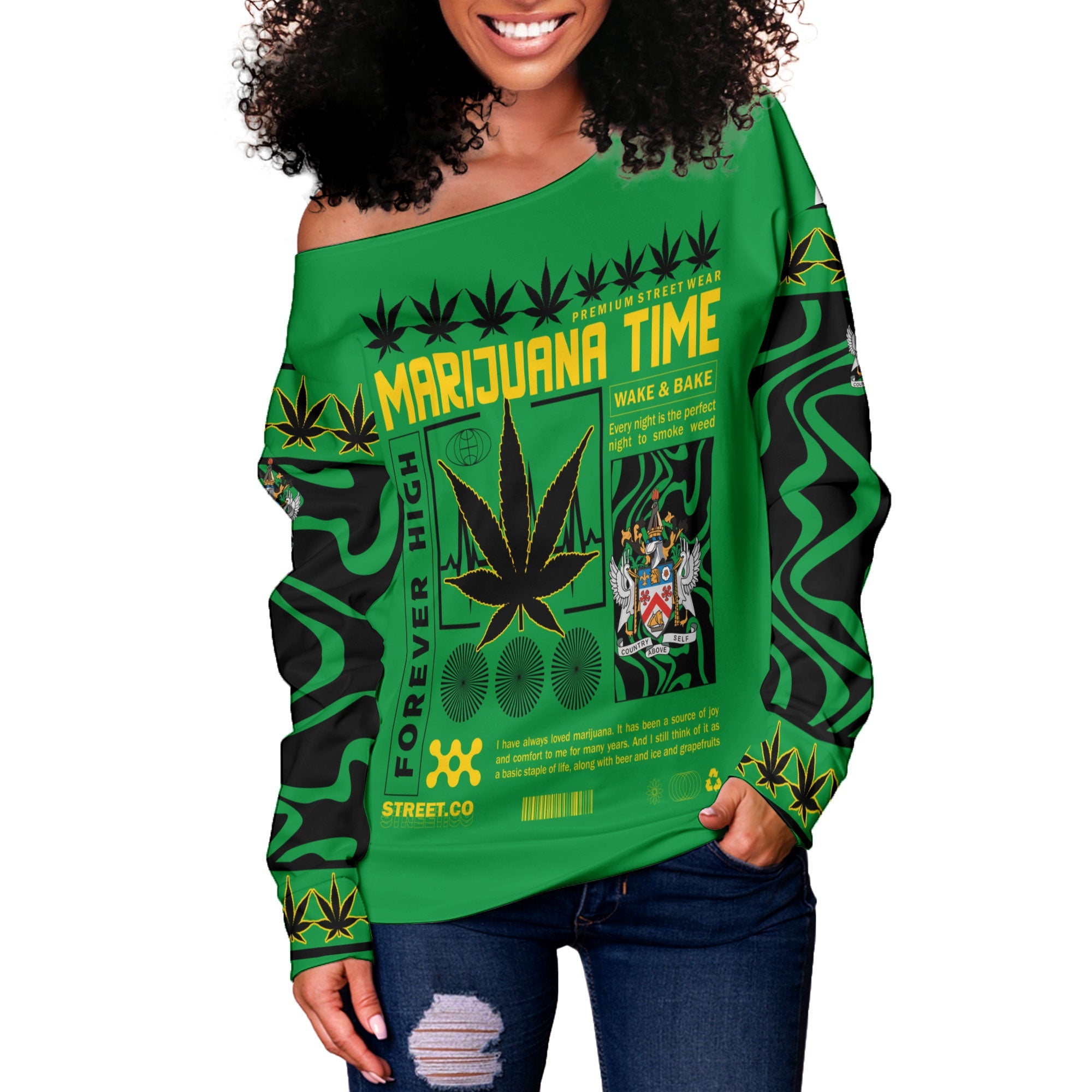 Saint Kitts and Nevis Women Off Shoulder Sweatshirt Flag & Coat Of Arms Marijuanas Style