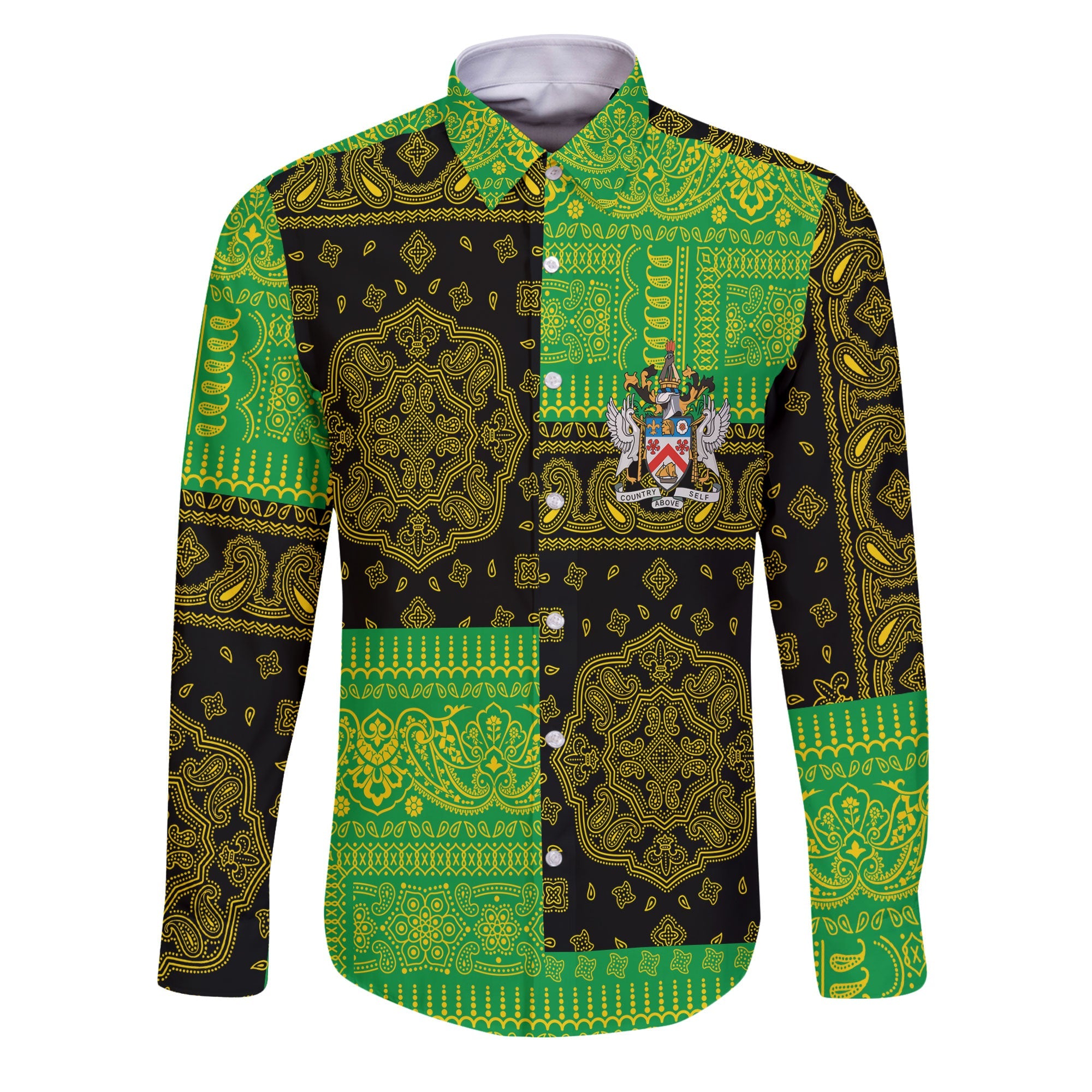 Saint Kitts And Nevis Long Sleeve Button Shirt Flag And Paisley Basic Style 1