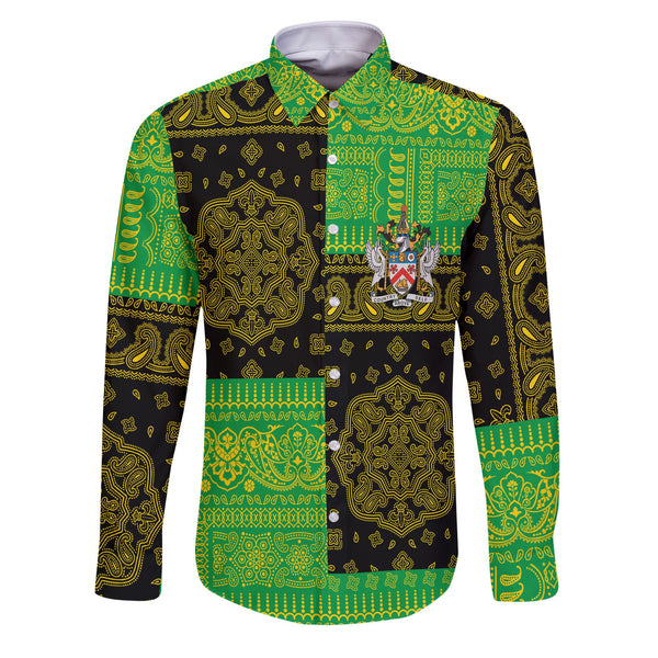 Saint Kitts And Nevis Long Sleeve Button Shirt Flag And Paisley Basic Style 1