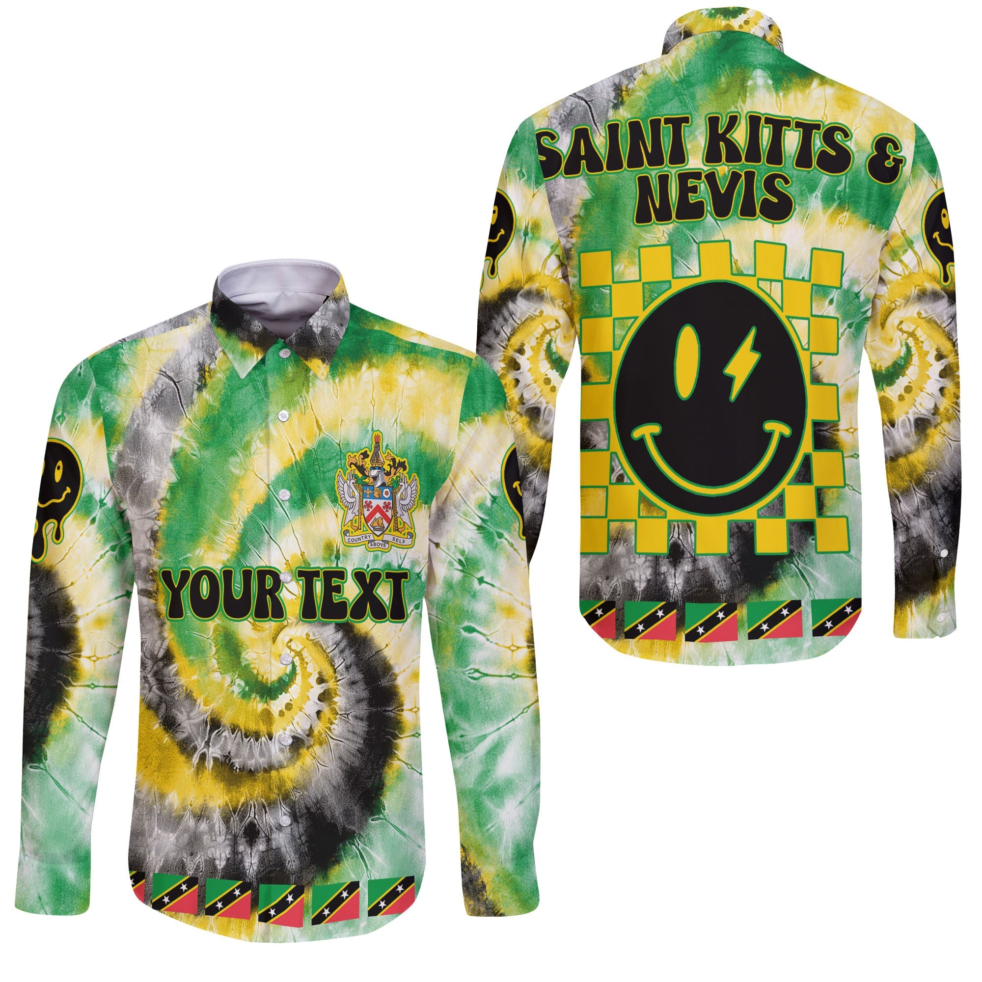 Saint Kitts And Nevis Long Sleeve Button Shirt Custom Tie Dye Style 3