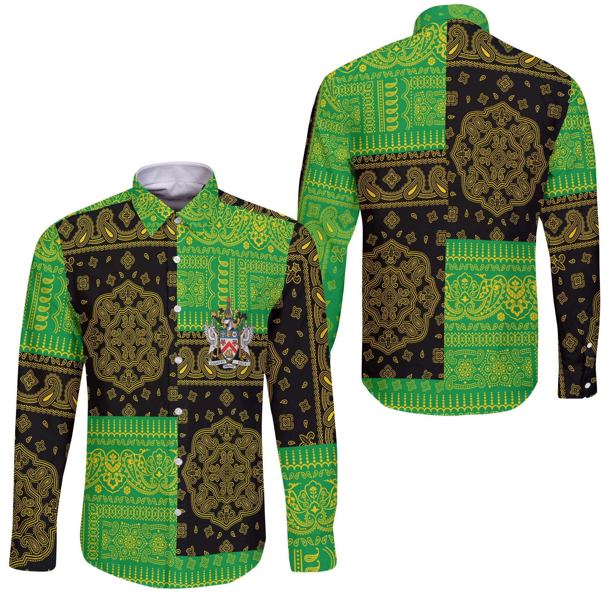 Saint Kitts And Nevis Long Sleeve Button Shirt Flag And Paisley Basic Style 3