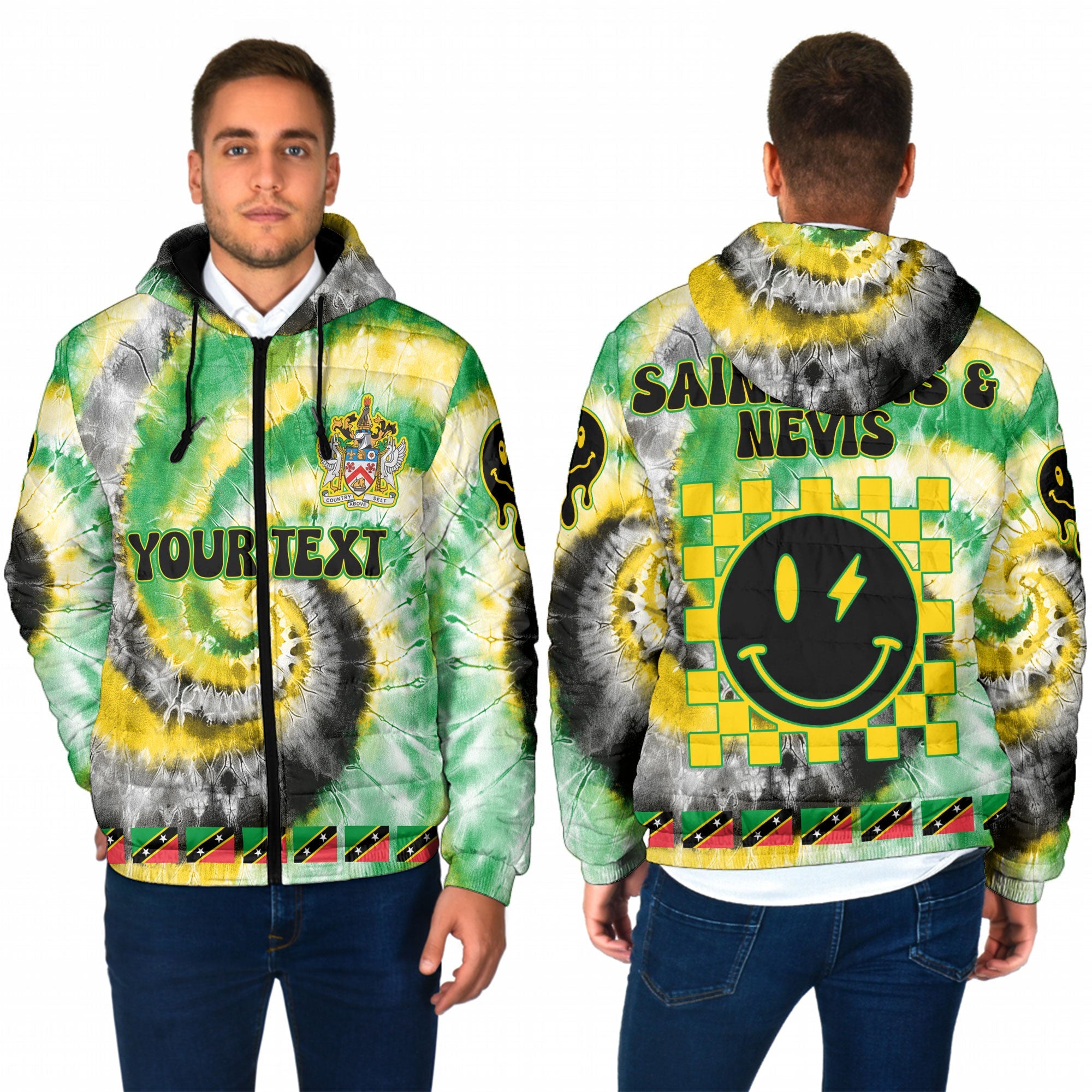 Saint Kitts And Nevis Men Hooded Padded Jacket Custom Tie Dye Style 1