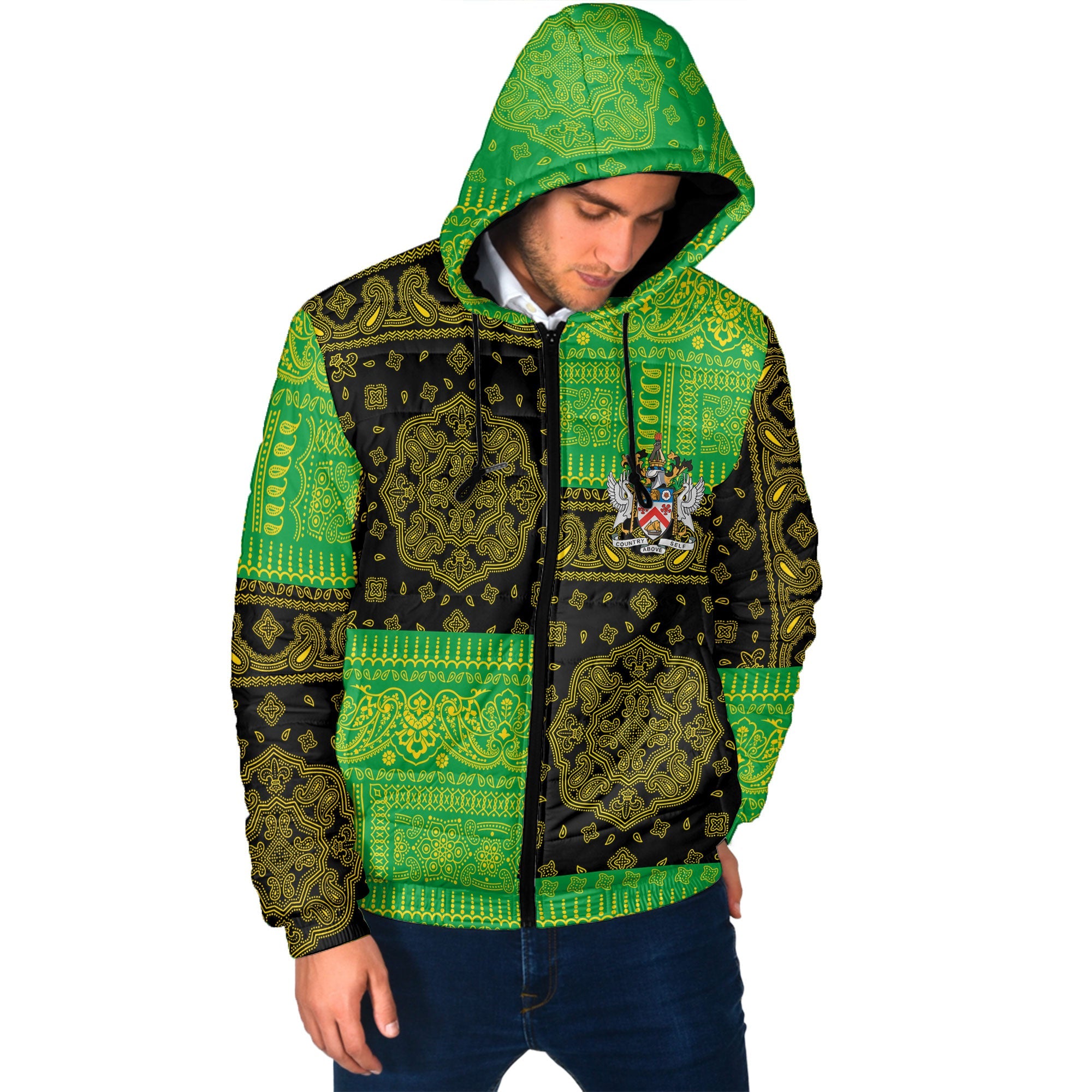 Saint Kitts And Nevis Men Hooded Padded Jacket Flag And Paisley Basic Style 2