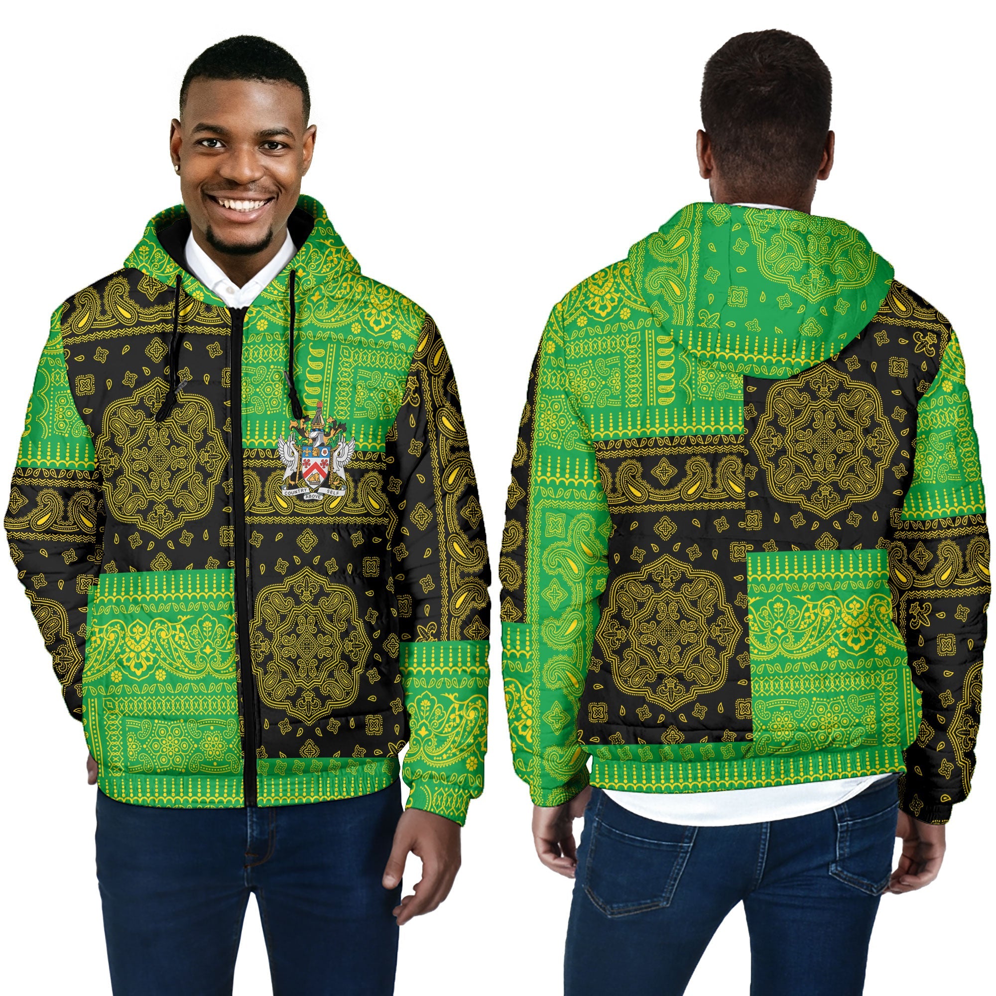 Saint Kitts And Nevis Men Hooded Padded Jacket Flag And Paisley Basic Style 4