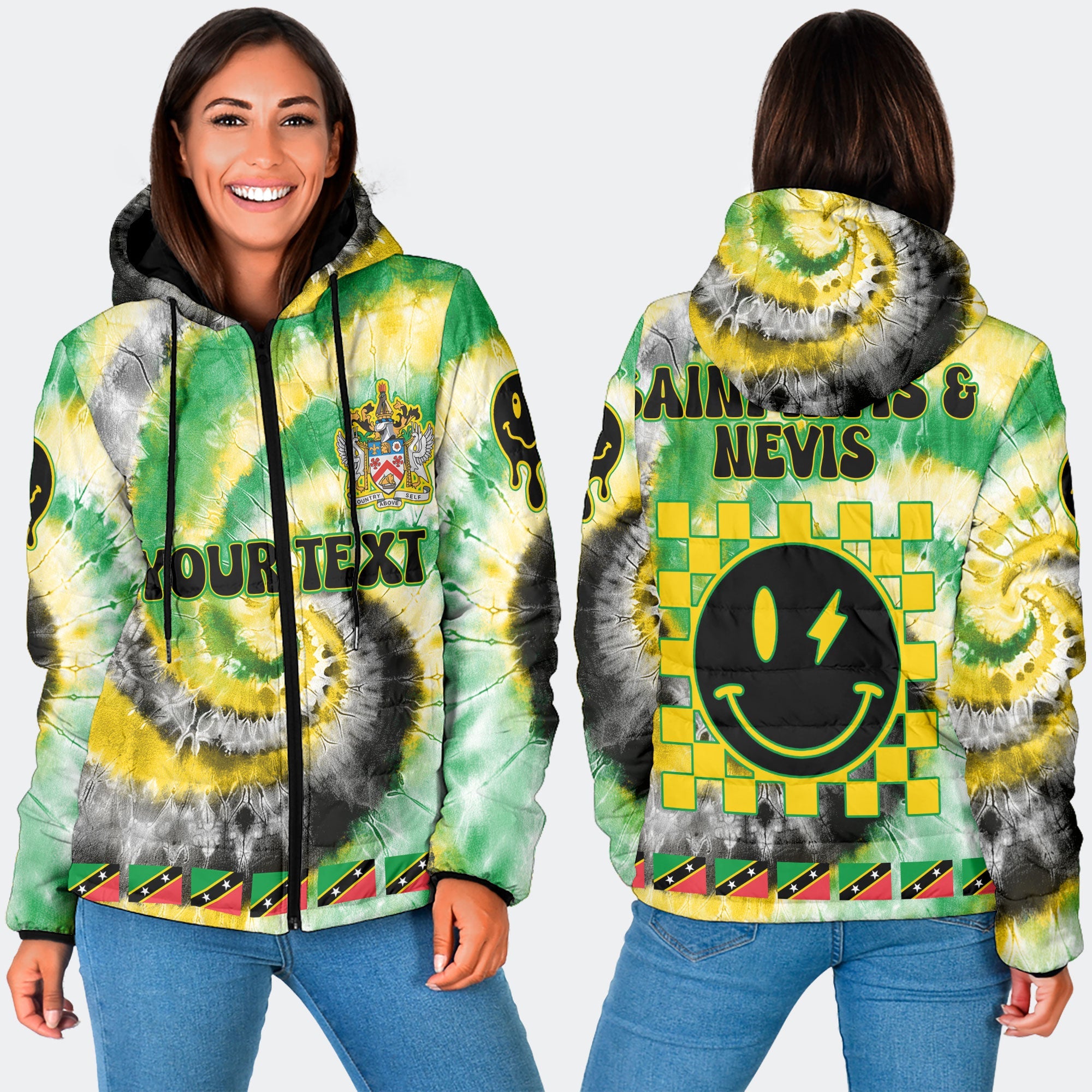 Saint Kitts And Nevis Women Hooded Padded Jacket Custom Tie Dye Style 3