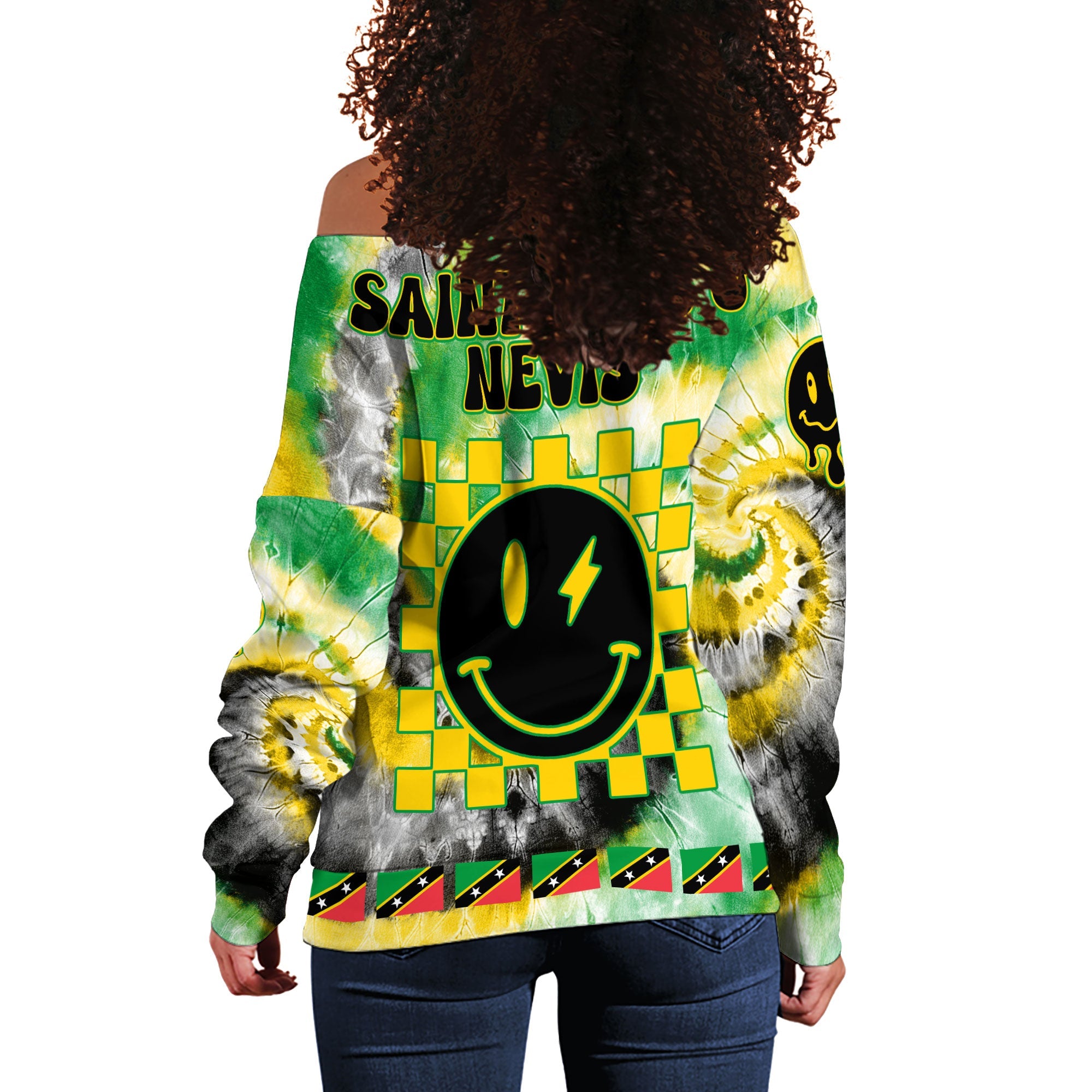 Saint Kitts And Nevis Women Off Shoulder Sweatshirt Custom Tie Dye Style 1