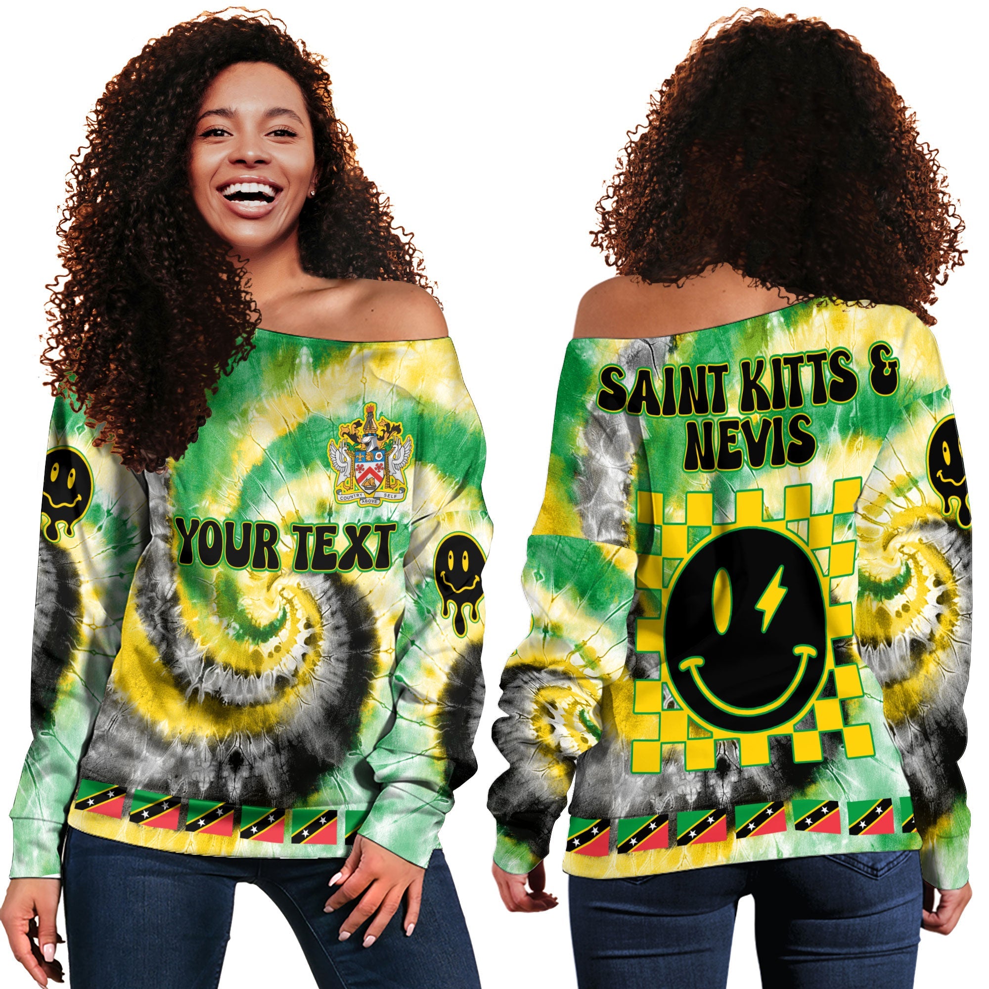 Saint Kitts And Nevis Women Off Shoulder Sweatshirt Custom Tie Dye Style 2