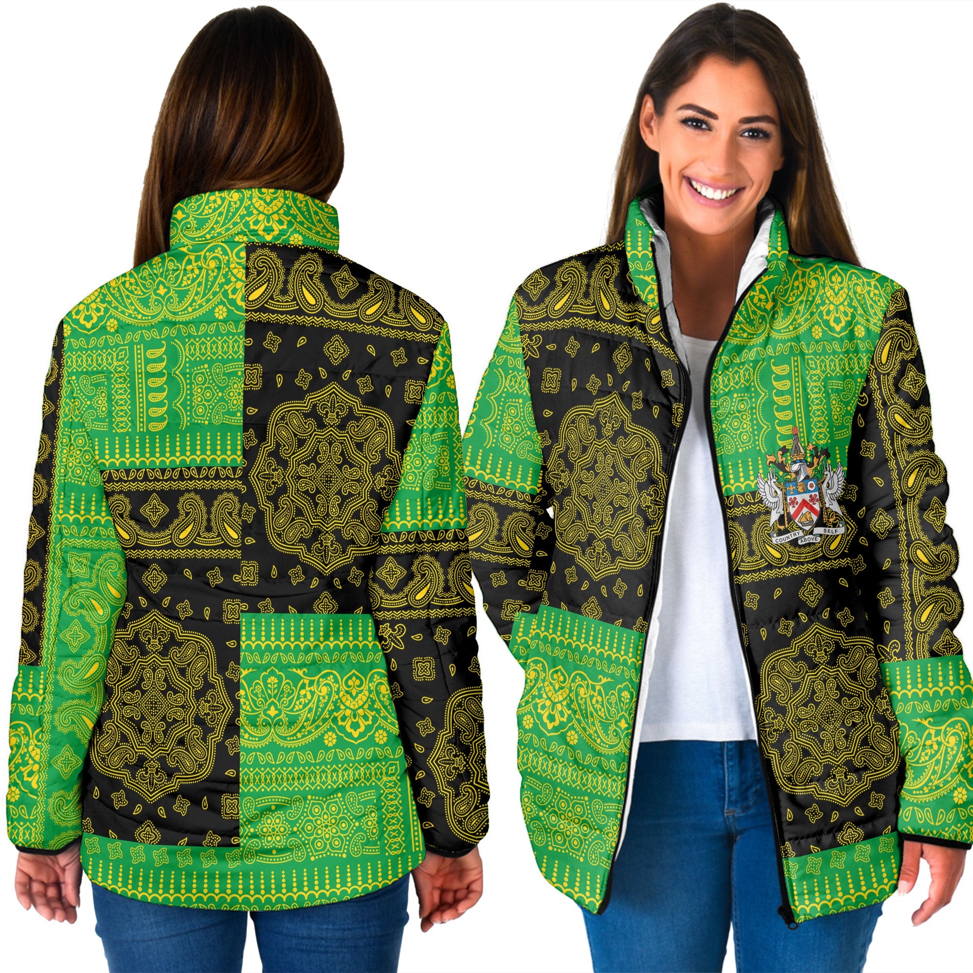 Saint Kitts And Nevis Women Padded Jacket Flag And Paisley Basic Style 3