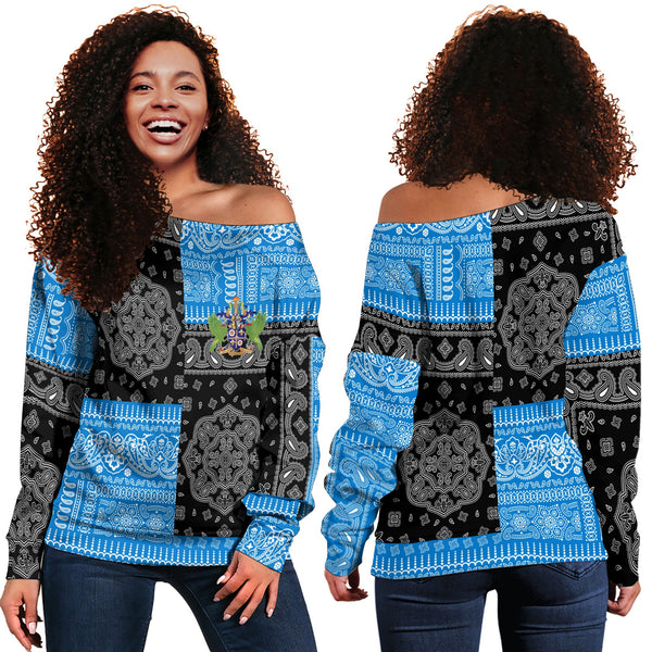 Saint Lucia Women Off Shoulder Sweatshirt Flag And Paisley Basic Style 1