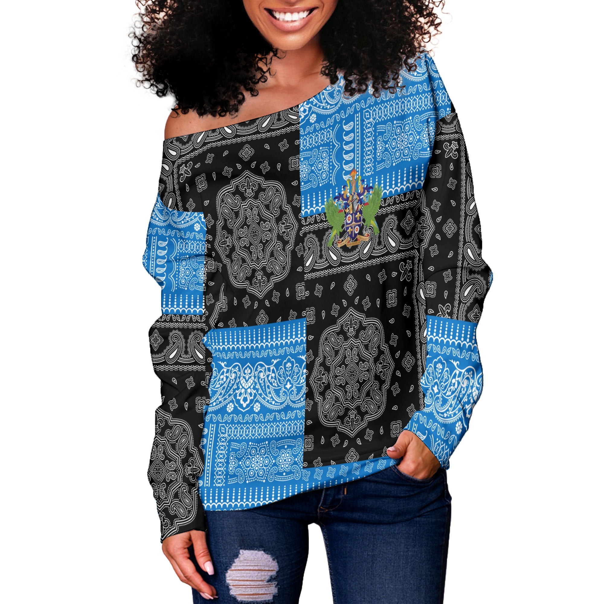 Saint Lucia Women Off Shoulder Sweatshirt Flag And Paisley Basic Style 2