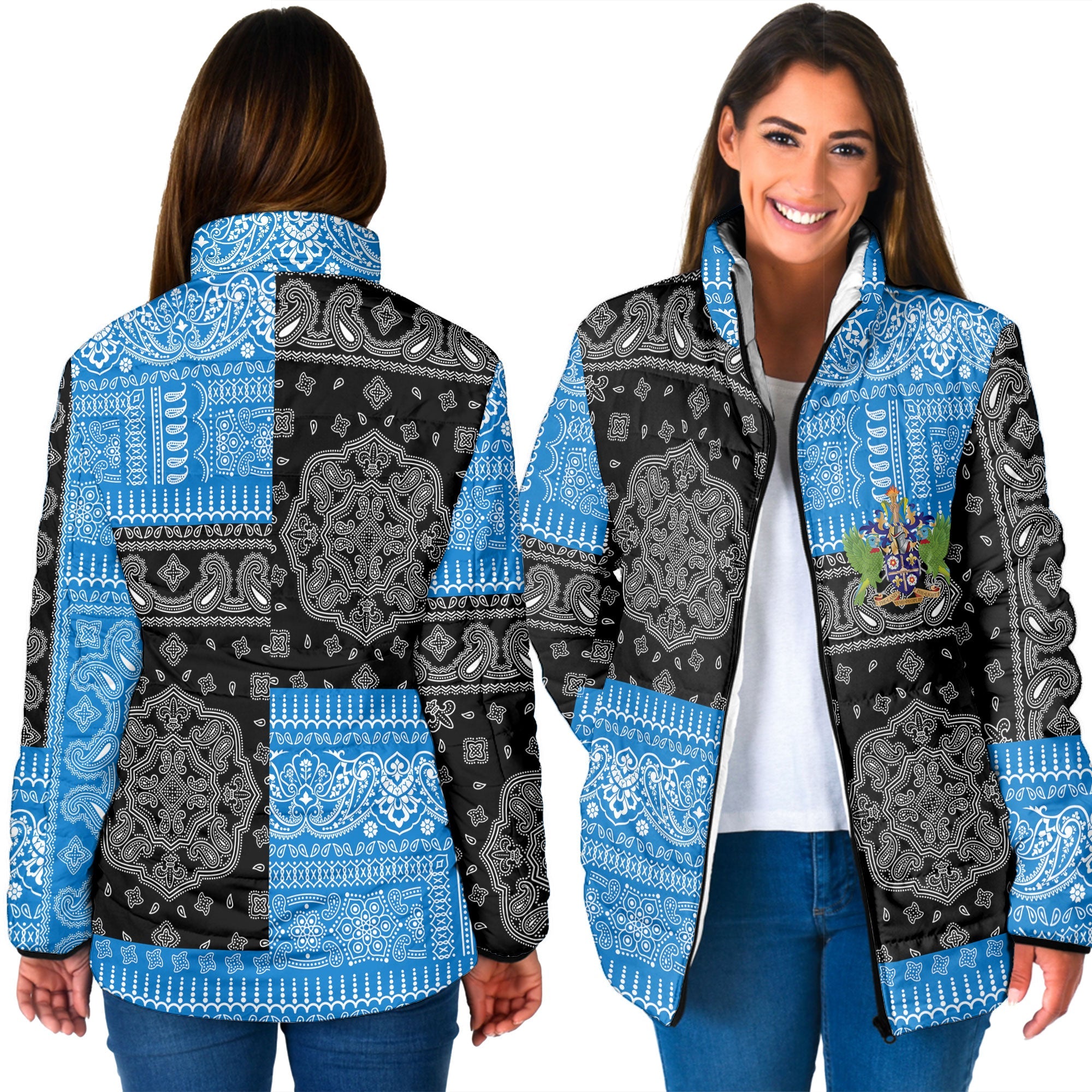 Saint Lucia Women Padded Jacket Flag And Paisley Basic Style 3