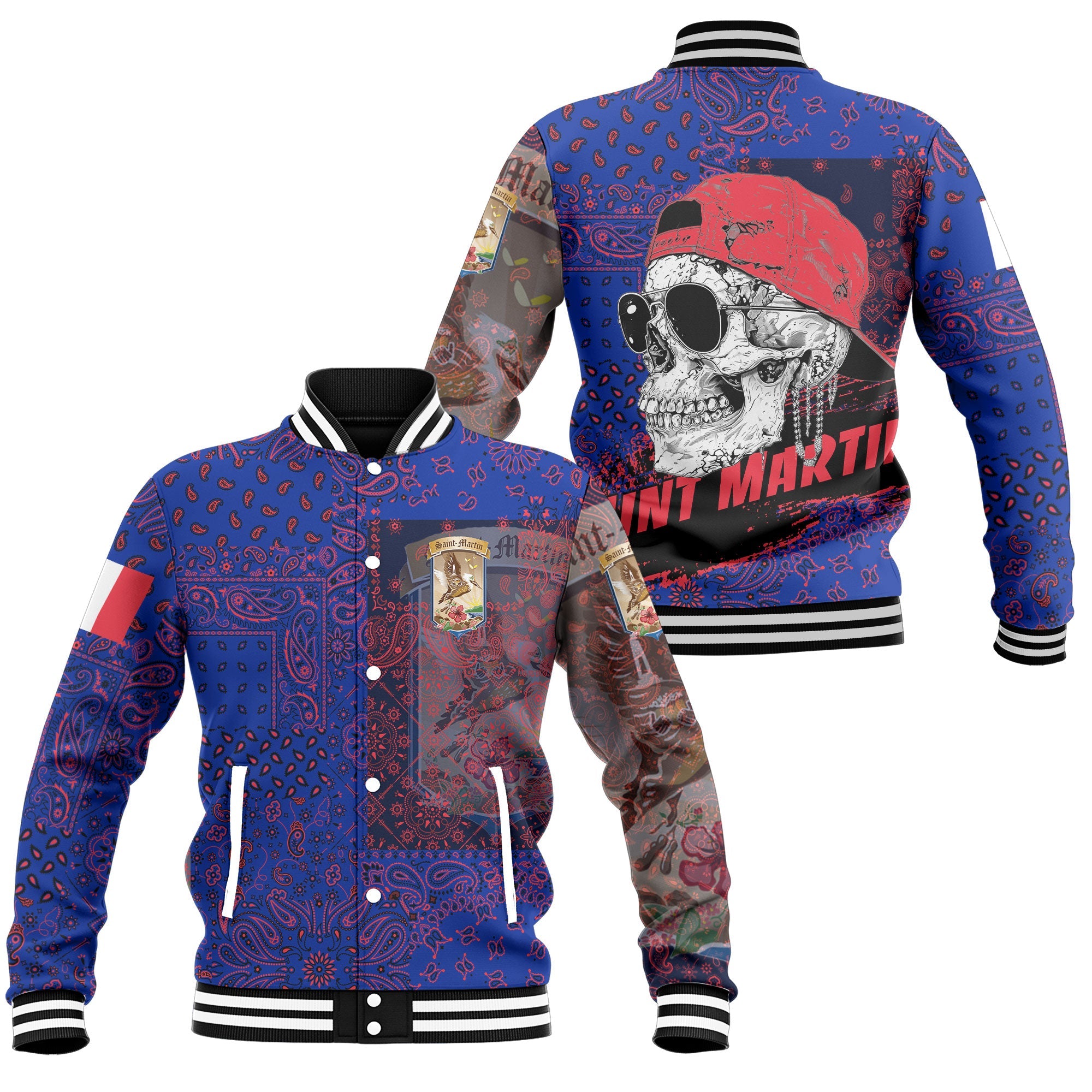 Saint Martin Baseball Jacket Paisley Flag And Skull Style 1