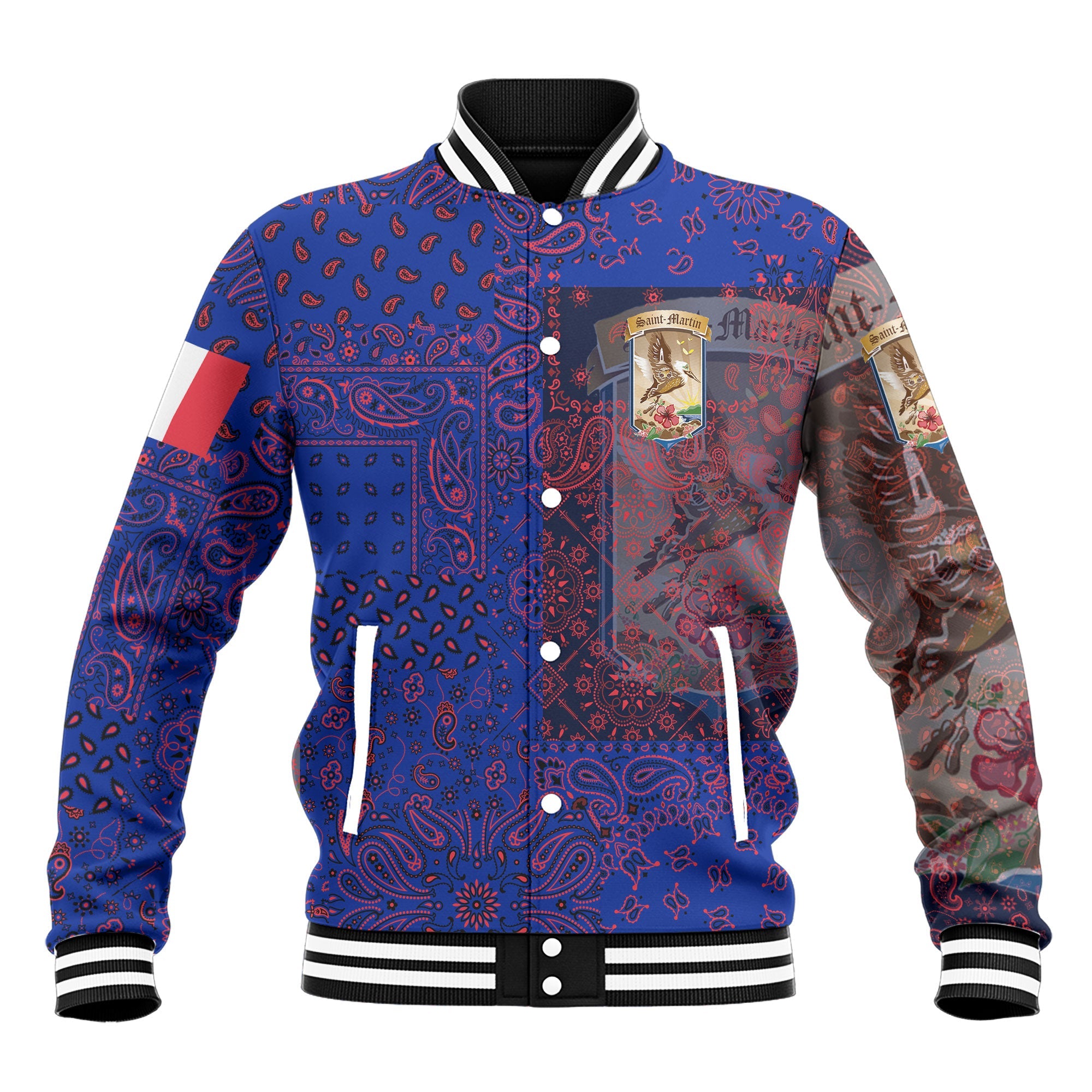 Saint Martin Baseball Jacket Paisley Flag And Skull Style 2