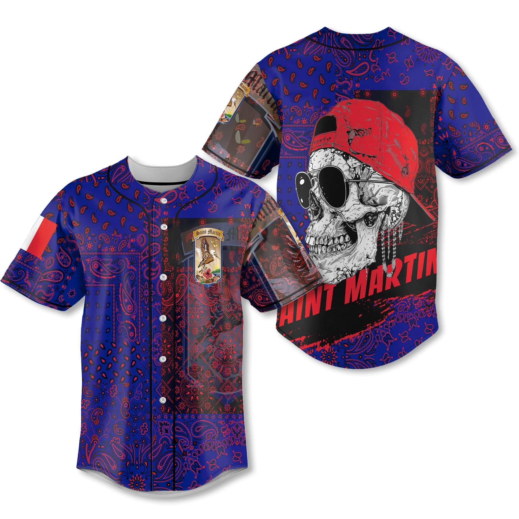 Saint Martin Baseball Jersey Paisley Flag And Skull Style 1