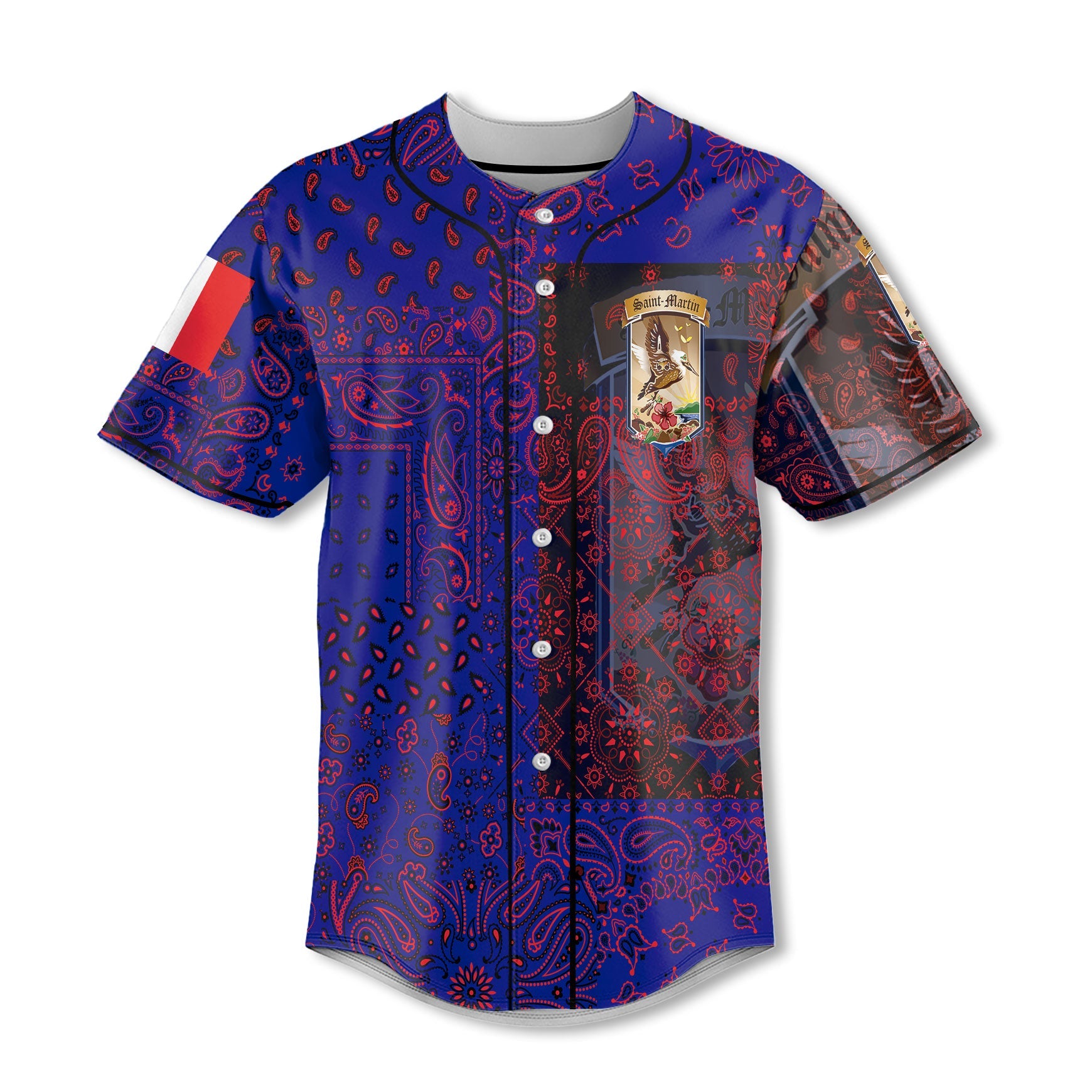 Saint Martin Baseball Jersey Paisley Flag And Skull Style 2