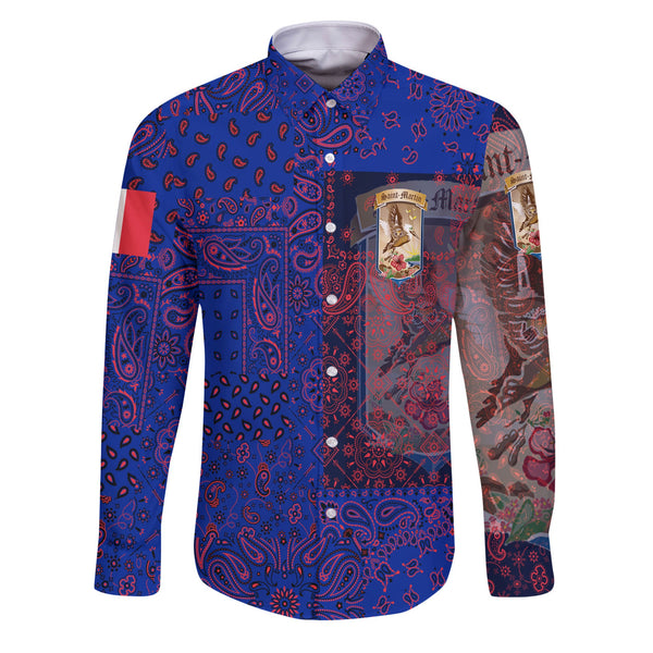 Saint Martin Long Sleeve Button Shirt Paisley Flag And Skull Style 1