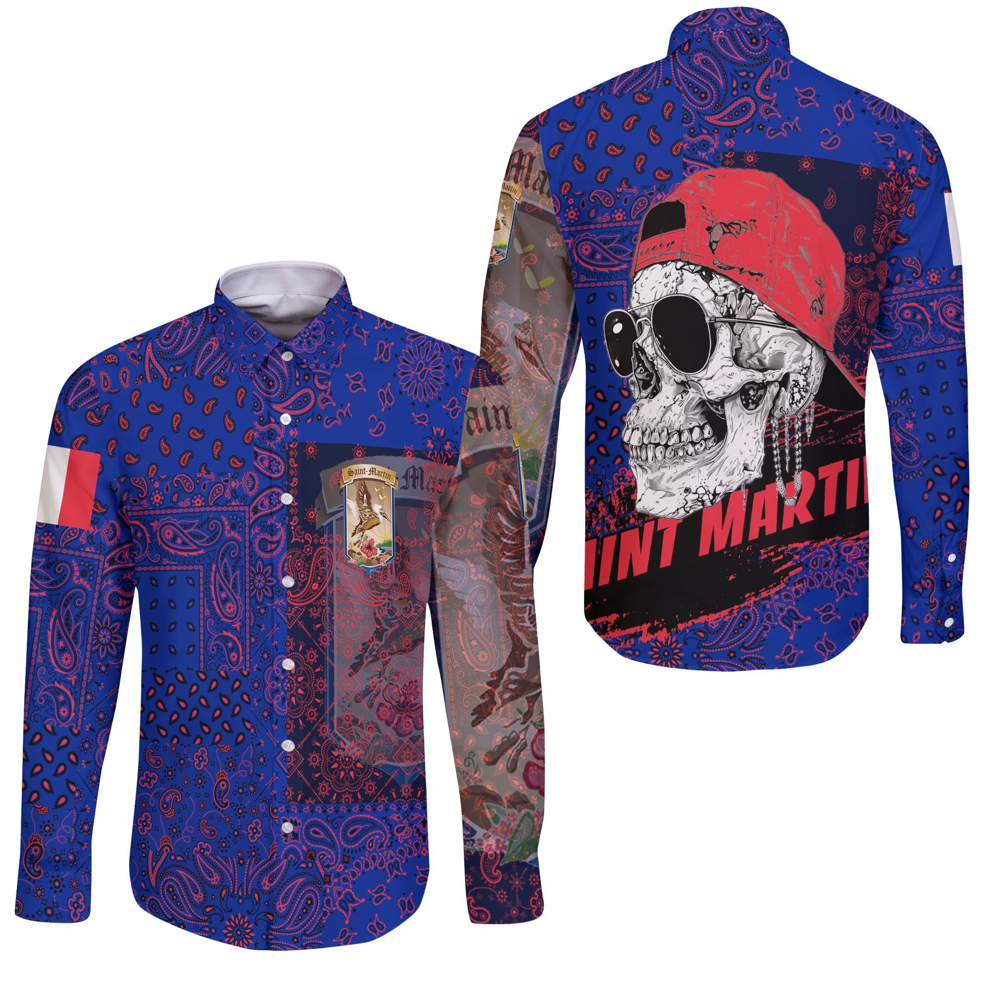 Saint Martin Long Sleeve Button Shirt Paisley Flag And Skull Style 3