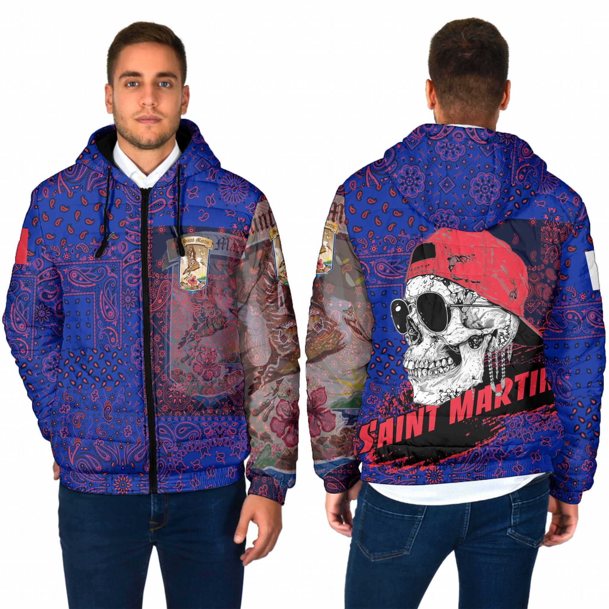 Saint Martin Men Hooded Padded Jacket Paisley Flag And Skull Style 1