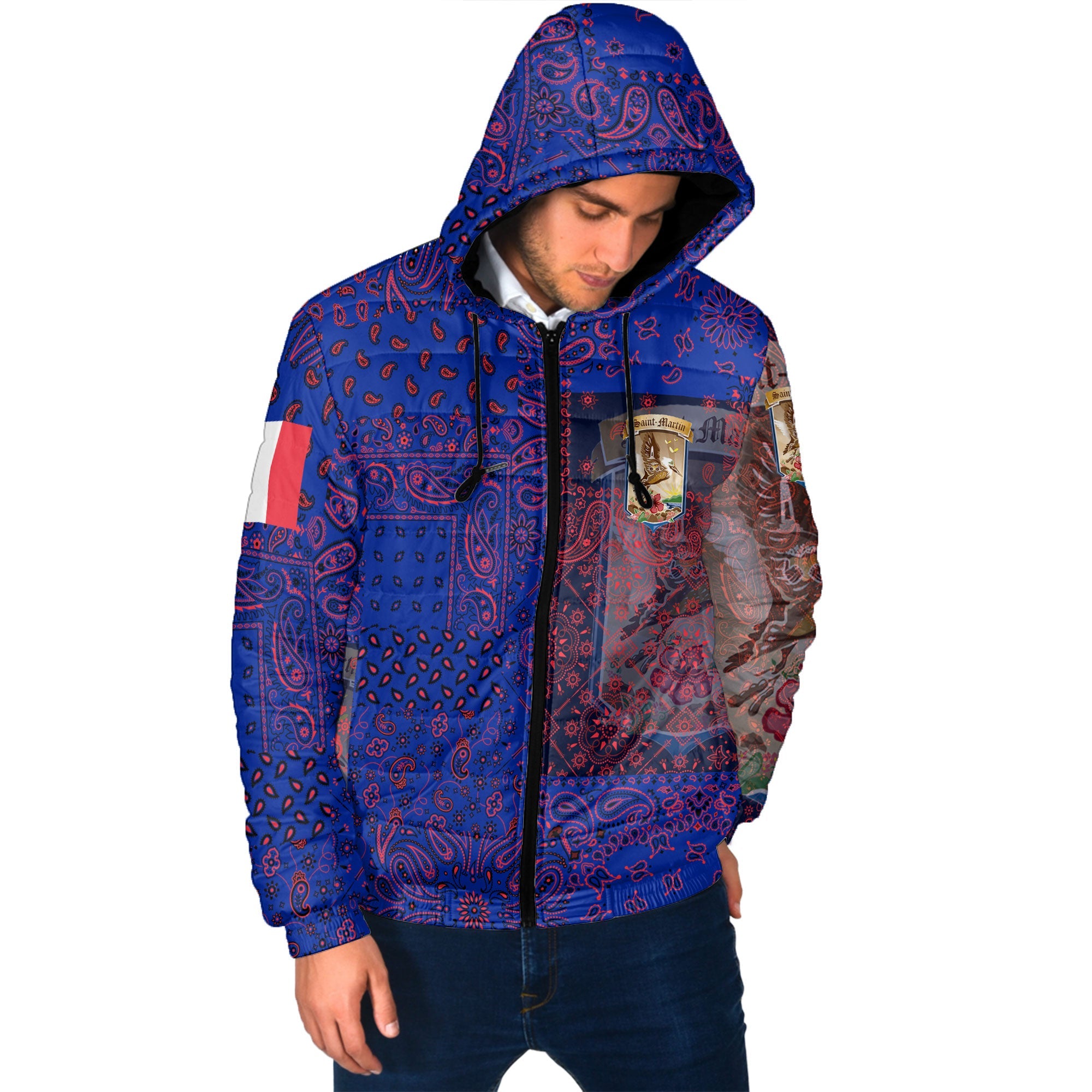 Saint Martin Men Hooded Padded Jacket Paisley Flag And Skull Style 2