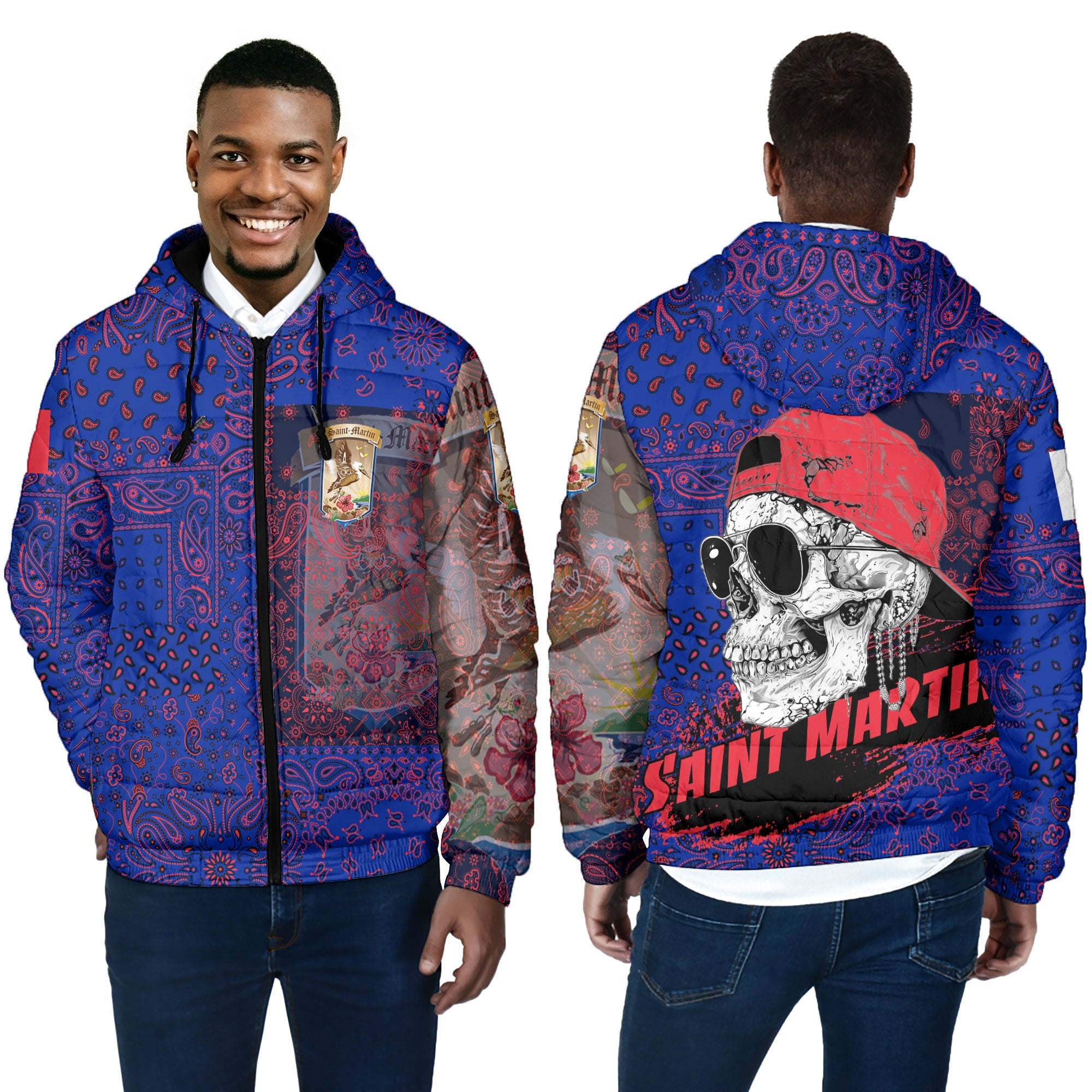 Saint Martin Men Hooded Padded Jacket Paisley Flag And Skull Style 4