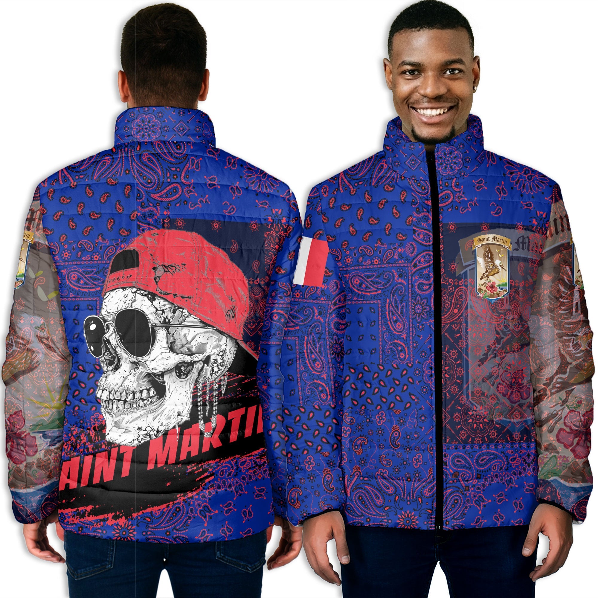 Saint Martin Men Padded Jacket Paisley Flag And Skull Style 3