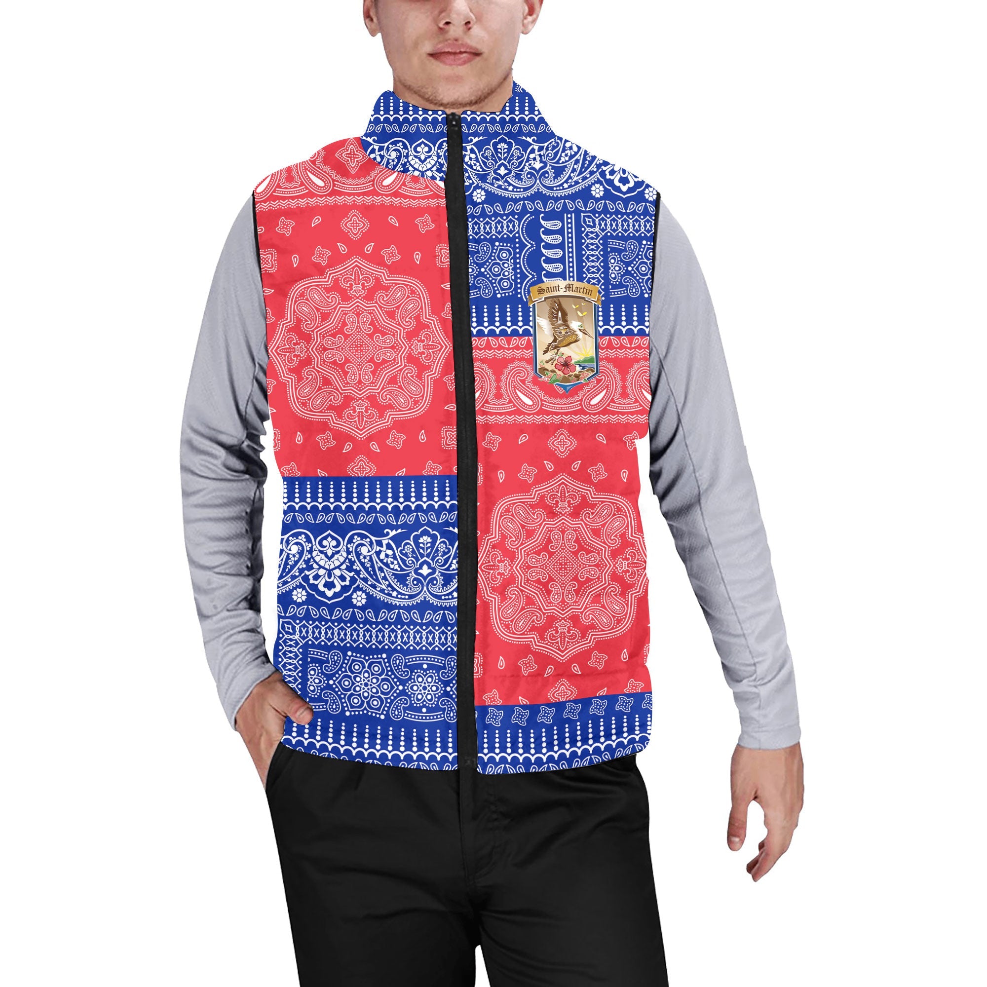 Saint Martin Men Padded Jacket Vest Flag And Paisley Basic Style 1