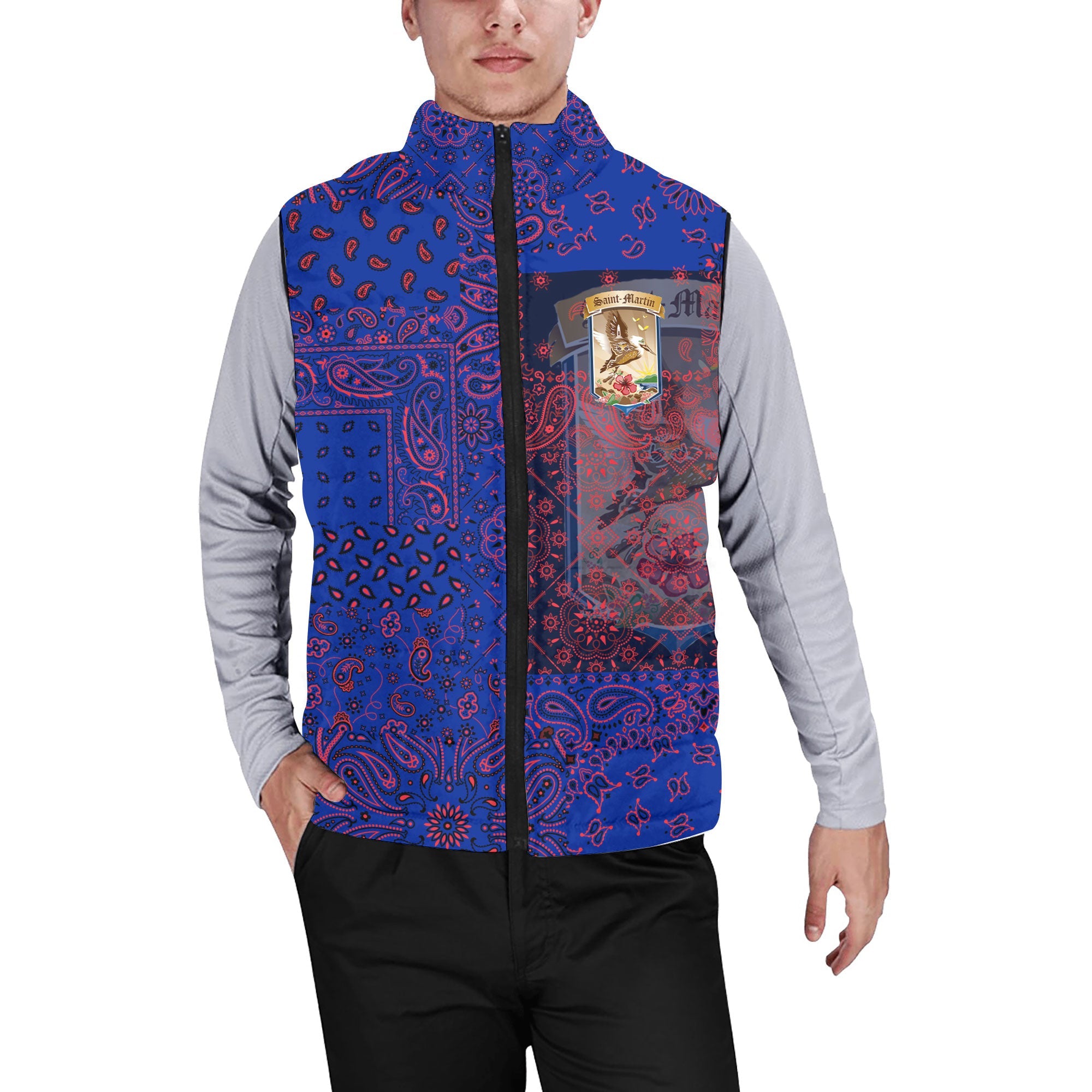 Saint Martin Men Padded Jacket Vest Paisley Flag And Skull Style 1