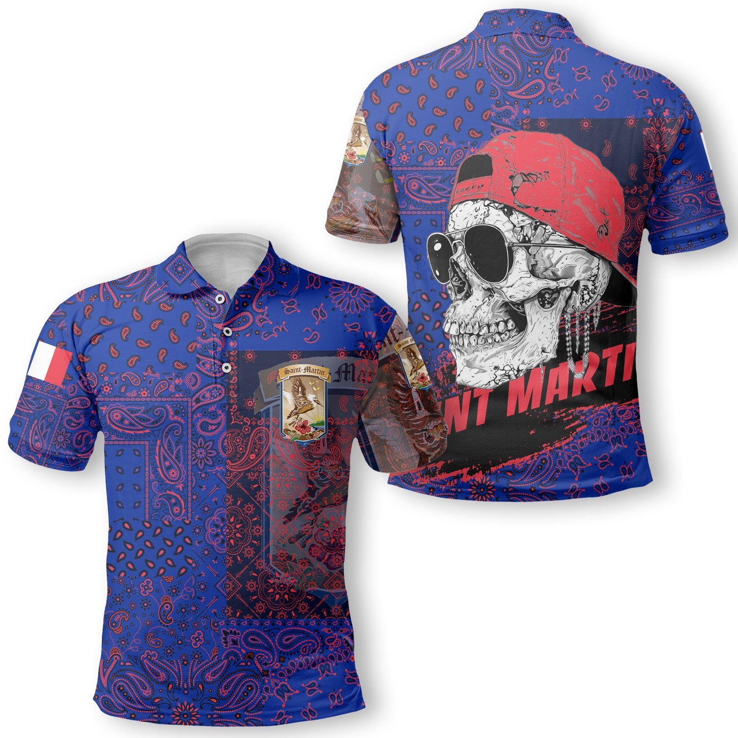 Saint Martin Polo Shirt Paisley Flag And Skull Style 1