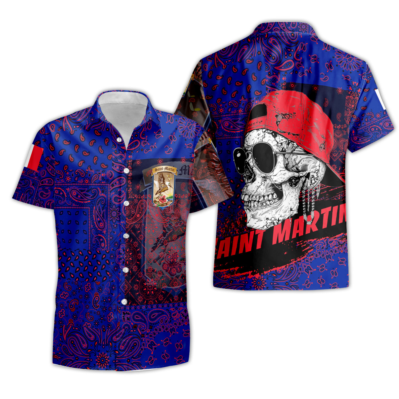 Saint Martin Short Sleeve Shirt Paisley Flag And Skull Style 3